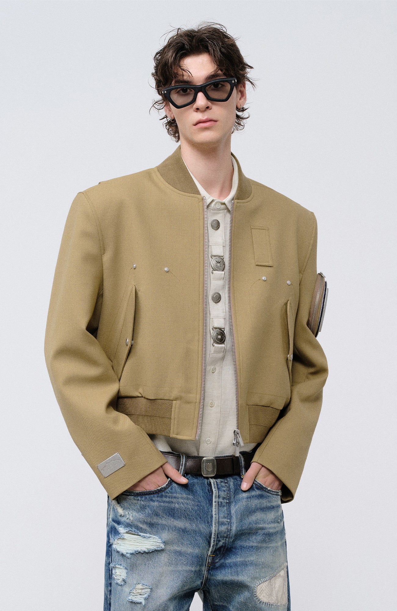 FACEONLAB Arm-Patched Bomber Jacket Khaki, premium urban and streetwear designers apparel on PROJECTISR.com, FACEONLAB