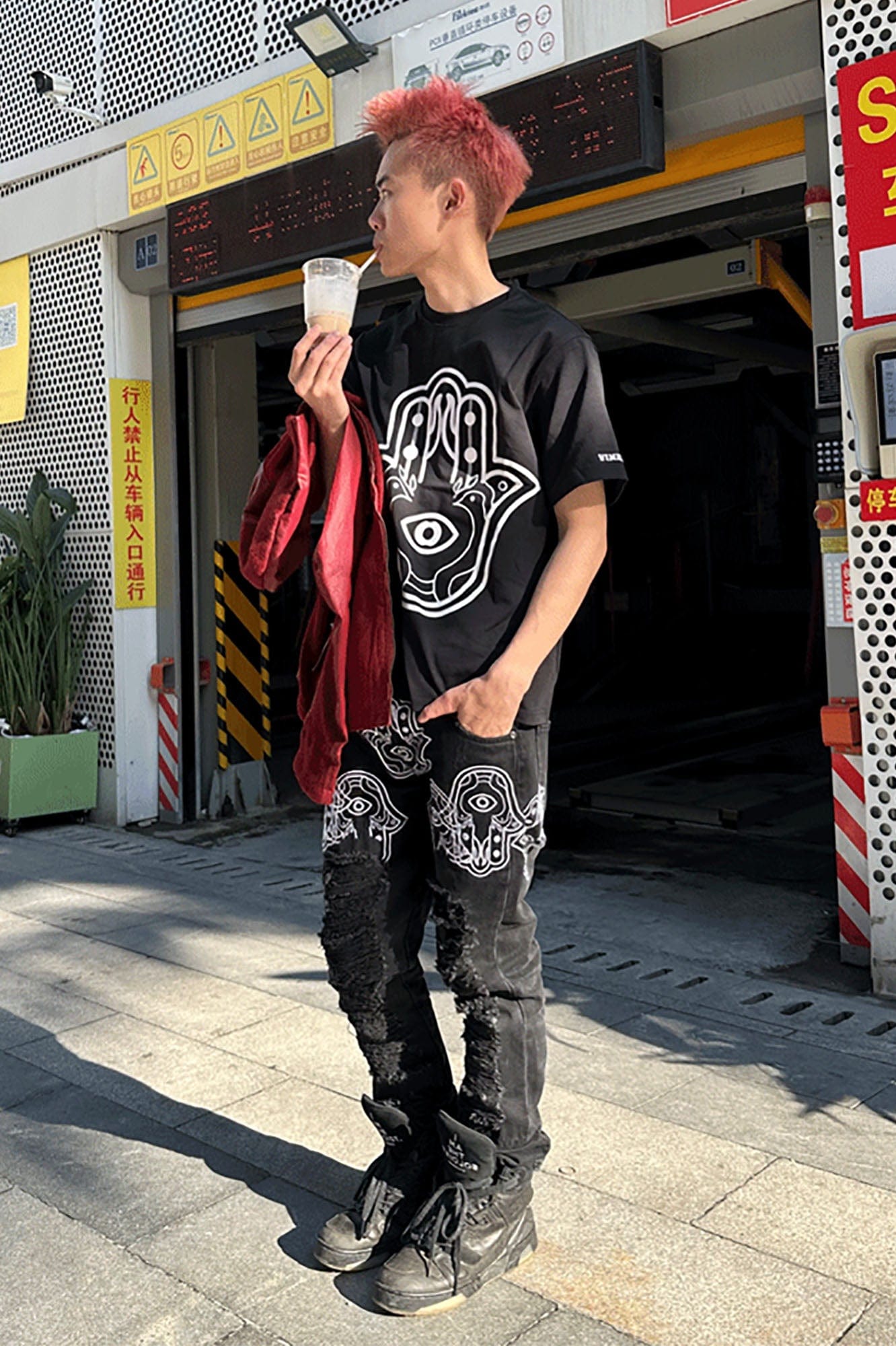 VINKID Hamsa Embroidered Double-Layer Ripped Stacked Jeans, premium urban and streetwear designers apparel on PROJECTISR.com, VINKID