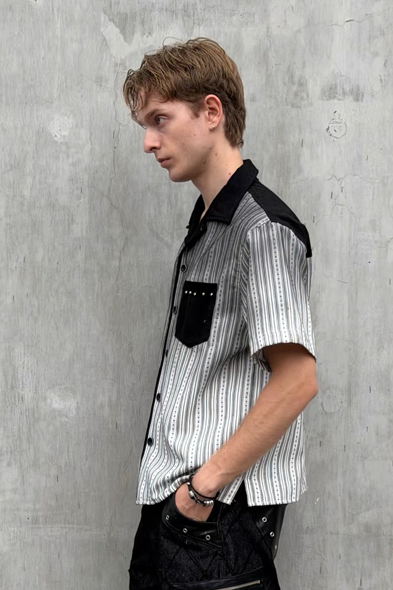 ESAIAS Studded Washed Dotted Stripe Half Shirt