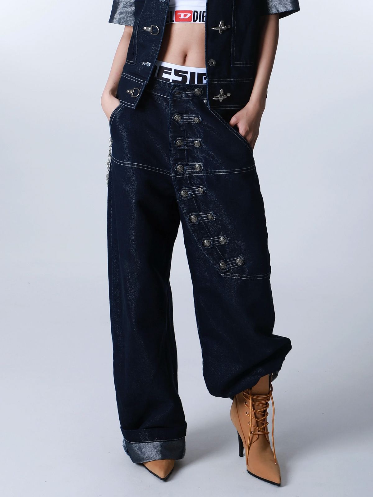 SEXXDEVIL Napoleon-Button Paneled Metallic Denim Jeans