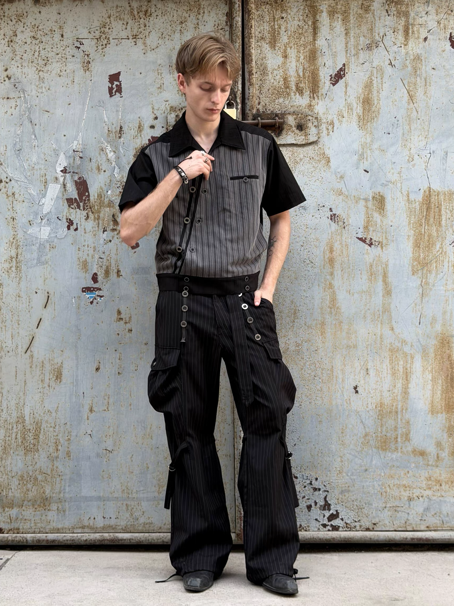 ESAIAS Pinstripe Grommet Belted Trousers