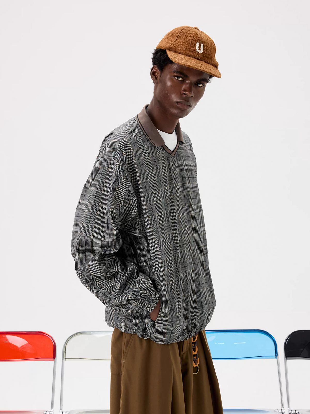 UNLIMITED MOTE Glen Plaid Double-Collar Drawstring Long-Sleeve Shirt, premium urban and streetwear designers apparel on PROJECTISR.com, UNLIMITED MOTE