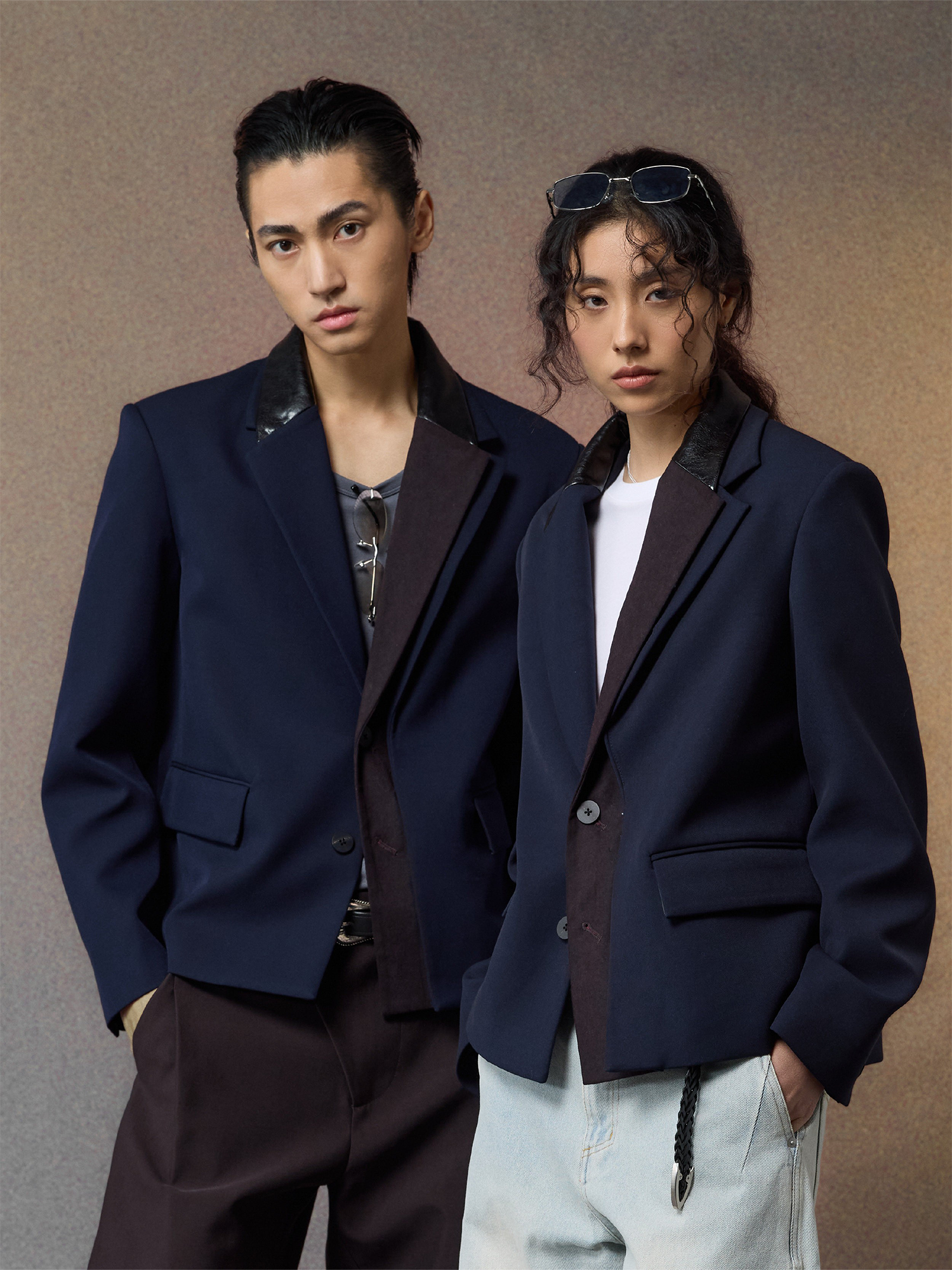 ALVNG AR ANTS Contrast PU-Panel Layered-Placket Blazer, premium urban and streetwear designers apparel on PROJECTISR.com, ALVNG AR ANTS