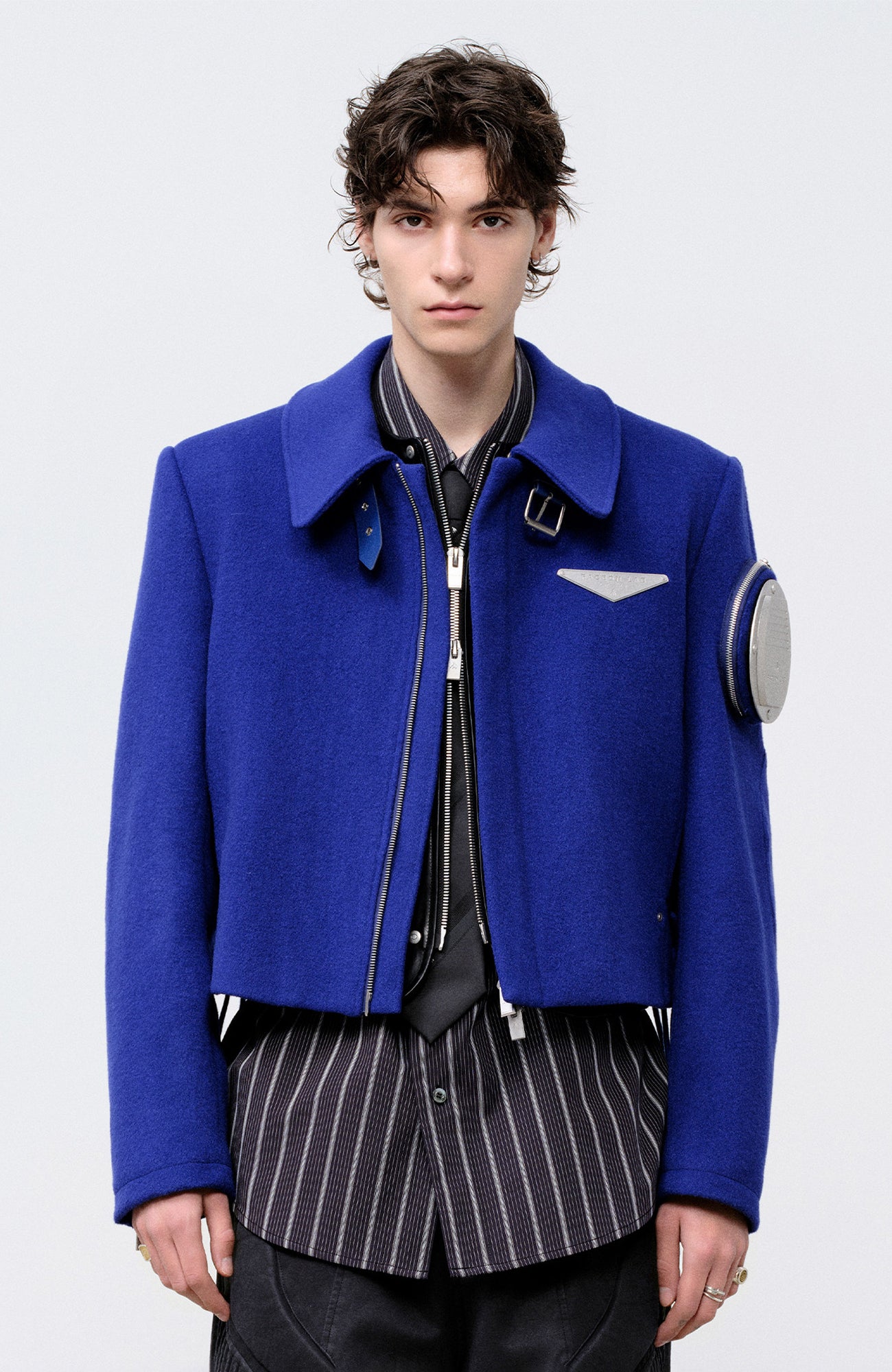 FACEONLAB Arm-Patched Cropped Naval Jacket Blue, premium urban and streetwear designers apparel on PROJECTISR.com, FACEONLAB