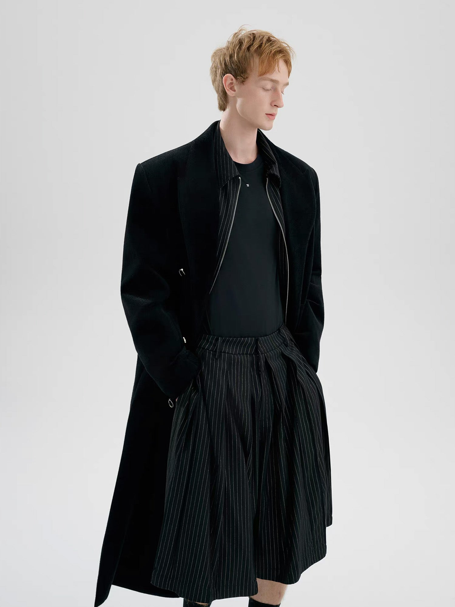TIWILLTANG Pleated Pinstripe Skirt Shorts, premium urban and streetwear designers apparel on PROJECTISR.com, TIWILLTANG