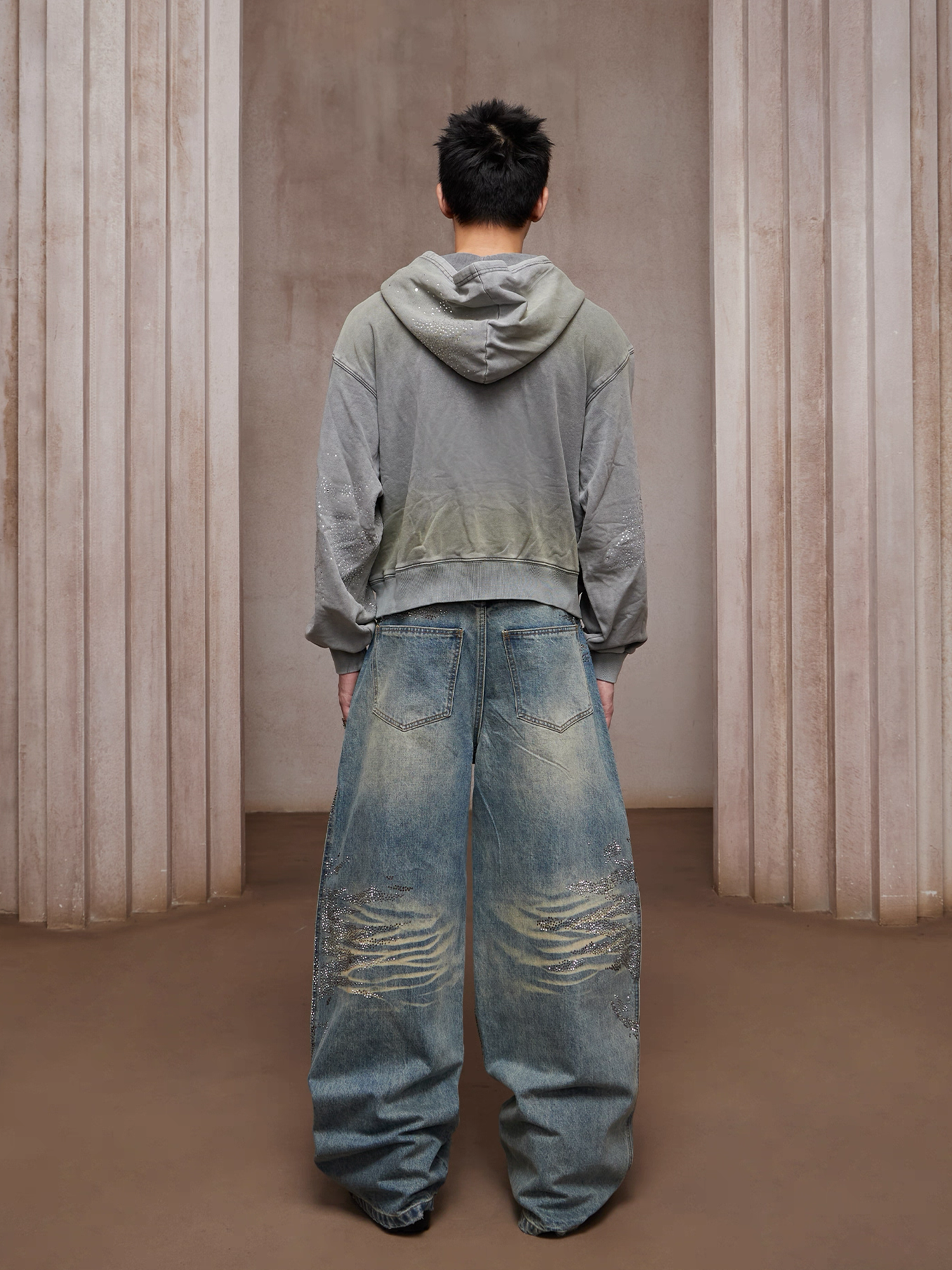 DND4DES Dirty-Washed Diamond Wide-Leg Jeans Blue