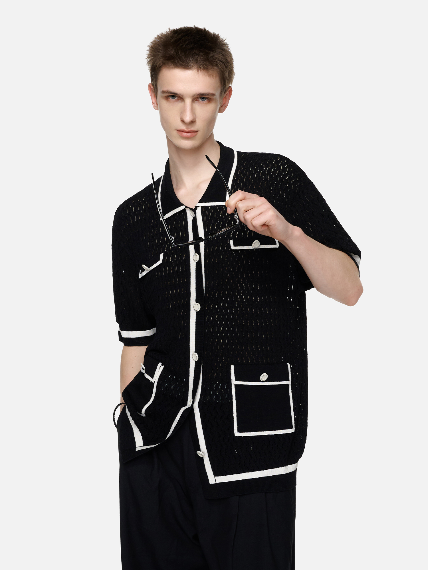 TIWILLTANG Contrast Trim Knitted Half Shirt