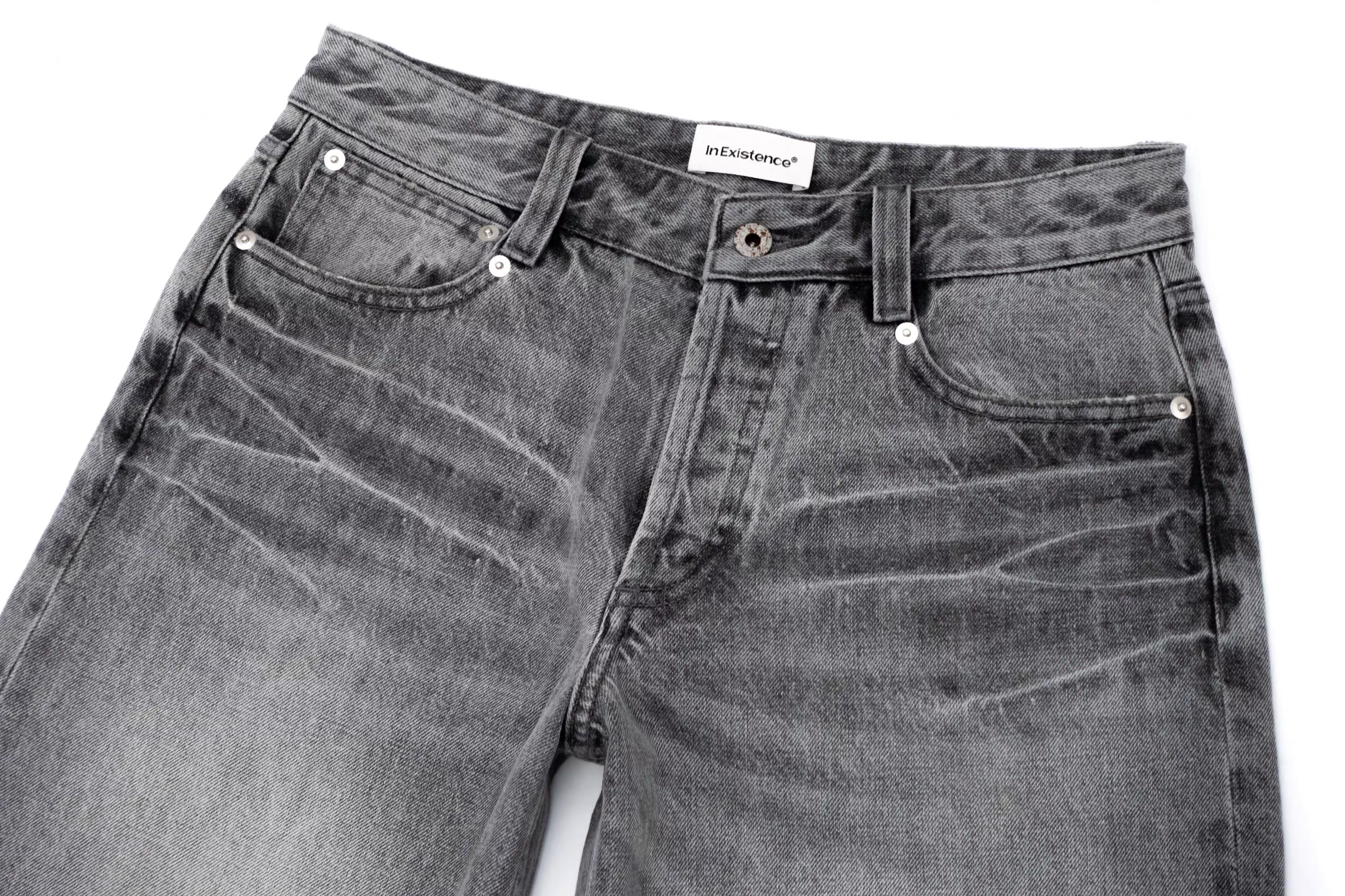 IN EXISTENCE x i Washed Lightning Fade Wide-Leg Jeans Gray, premium urban and streetwear designers apparel on PROJECTISR.com, IN EXISTENCE