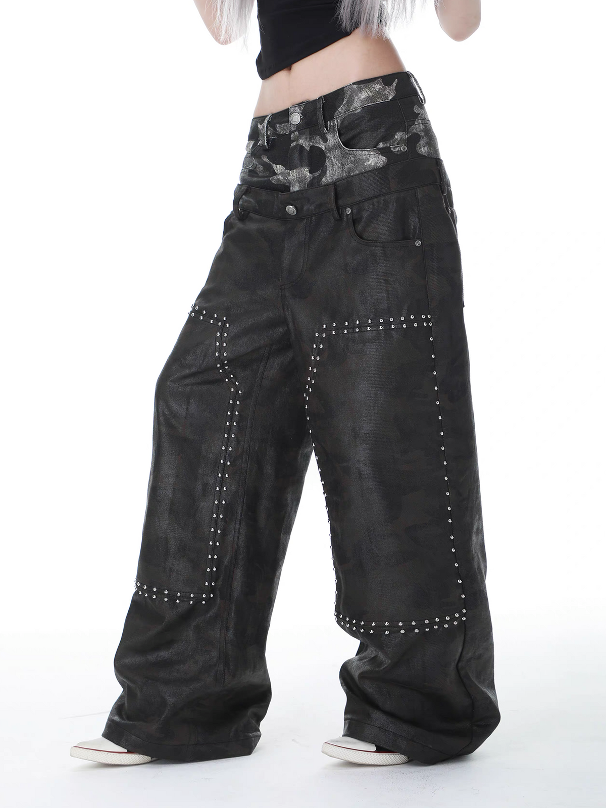 SEXXDEVIL Camo Washed Spliced Studded Jeans