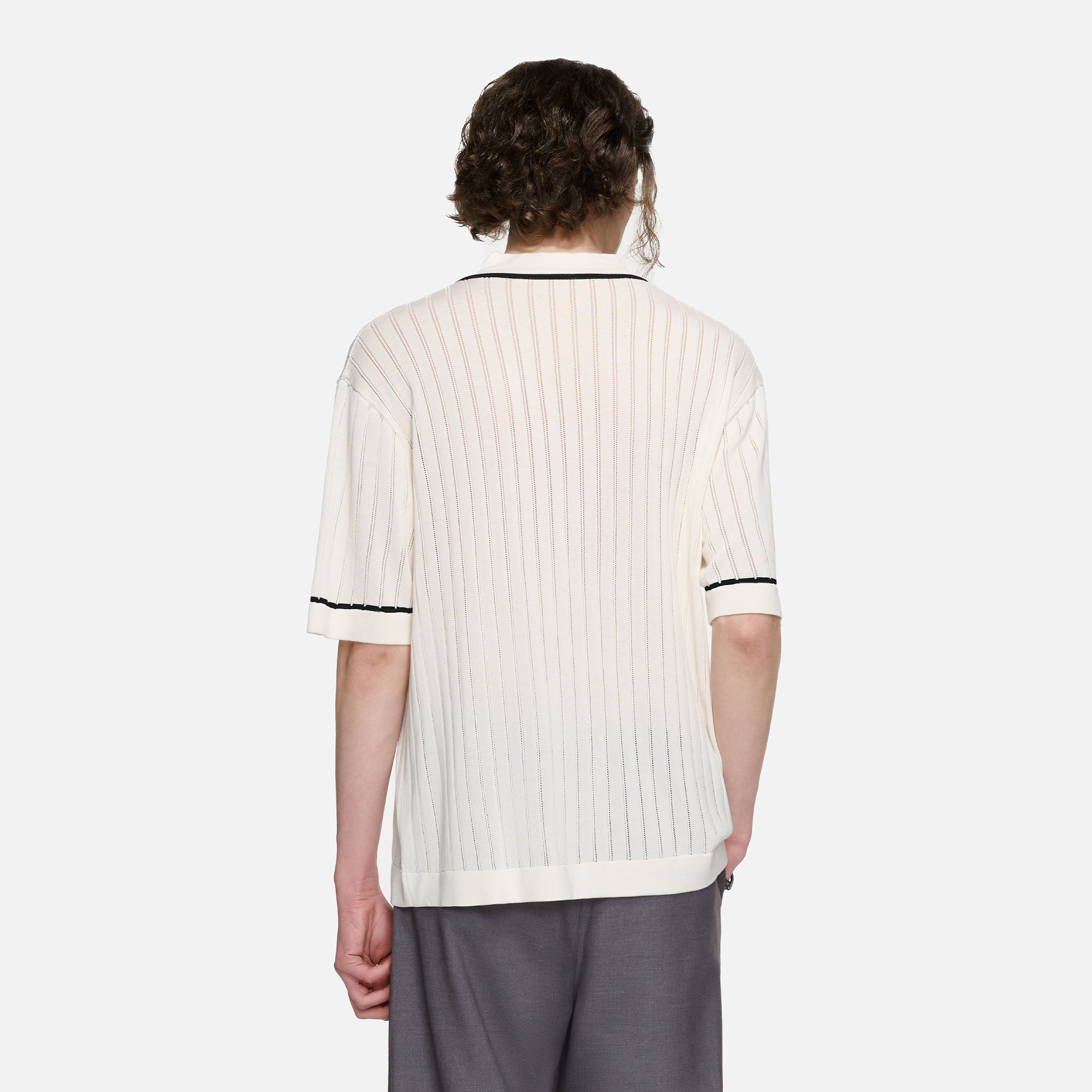 TIWILLTANG Openwork Contrast Trim Zip-Neck Knitted T Shirt