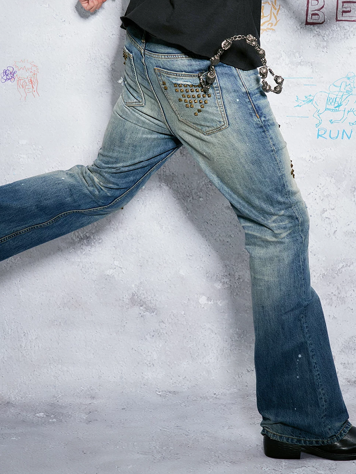 WANNA LAB Distressed Leopard Patch Studded Paint-Splattered Flared Jeans