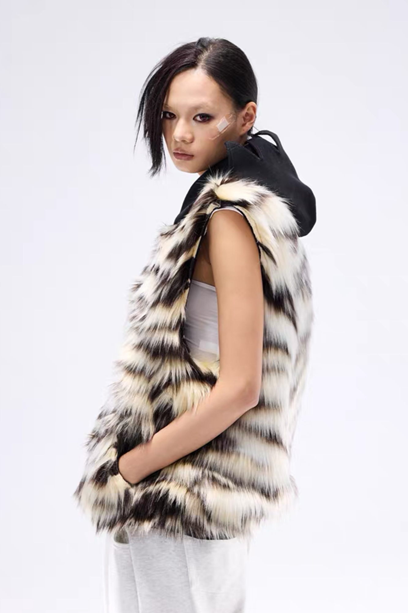 NOTHINGNESS WORLD Tiger-Stripe Spiked Crown Hooded Vest, premium urban and streetwear designers apparel on PROJECTISR.com, NOTHINGNESS WORLD