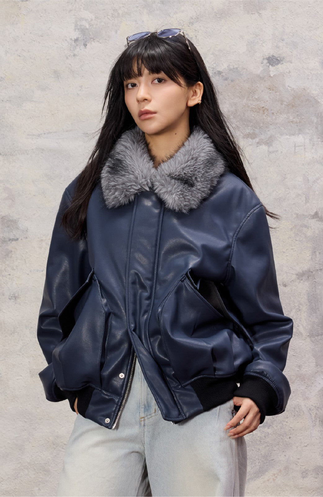 ALVNG AR ANTS Faux Fur Collar PU Jacket