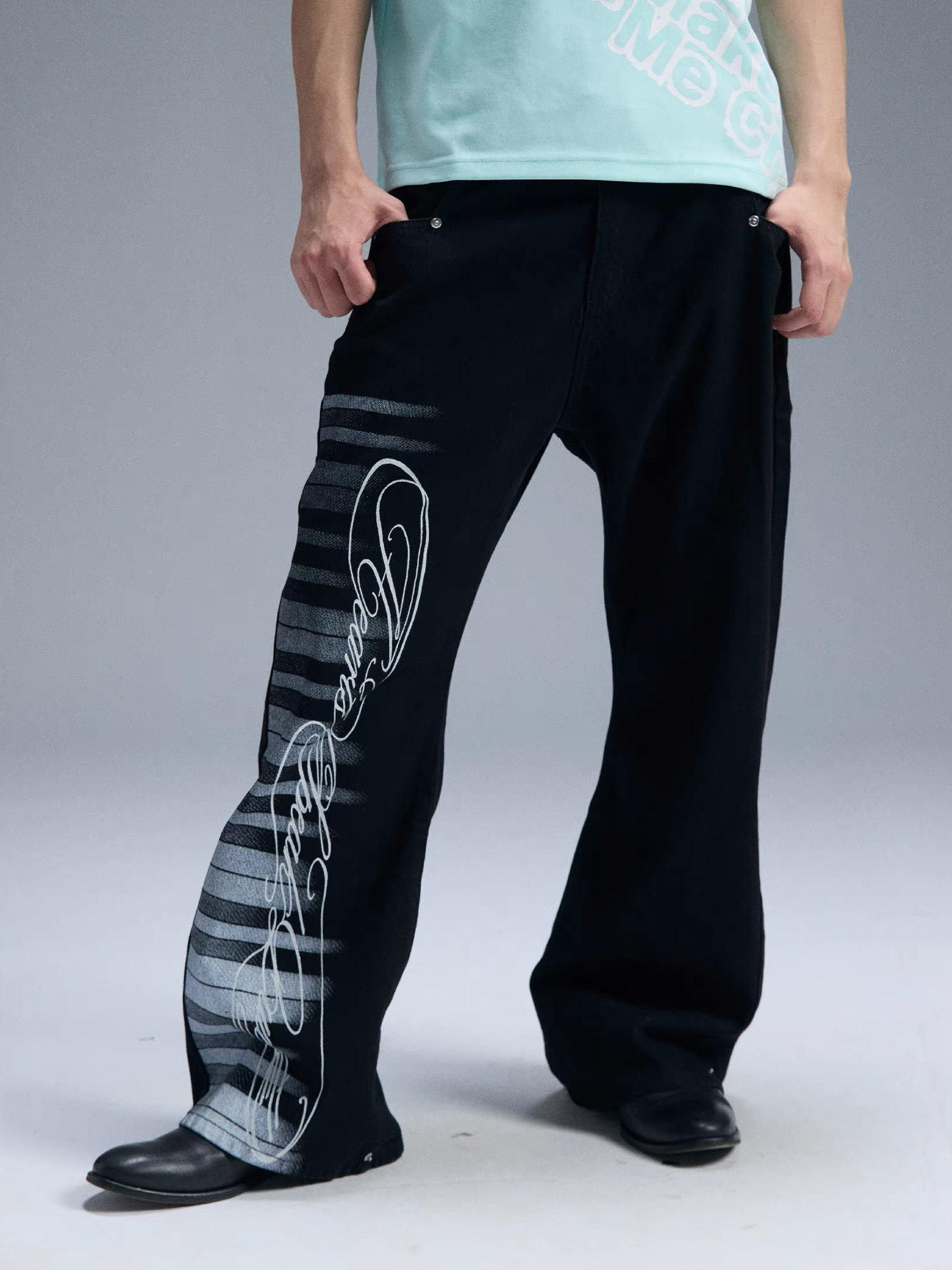 PAIKI Piano Key Script Foil Flared Jeans