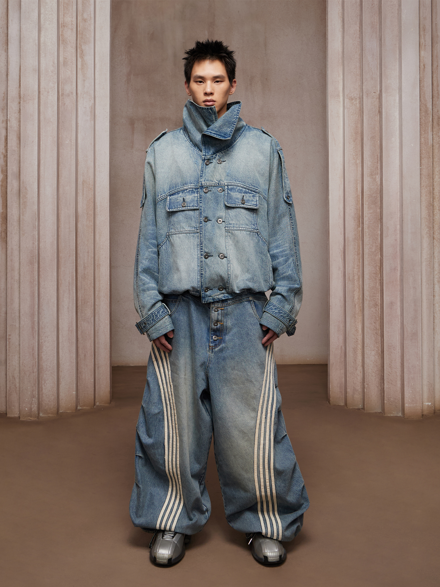 DND4DES Washed Double-Breasted Multi-Pocket Denim Bomber