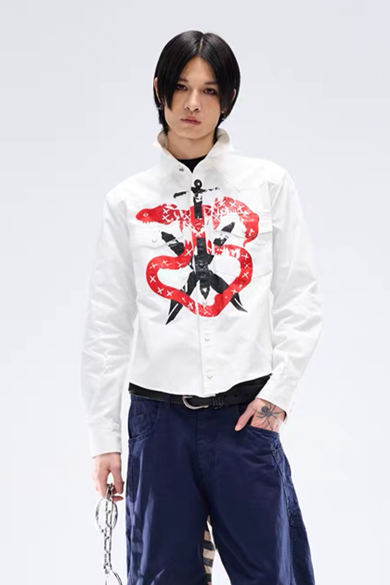 NOTHINGNESS WORLD Snake Graphic Layered-Collar Denim Shirt, premium urban and streetwear designers apparel on PROJECTISR.com, NOTHINGNESS WORLD