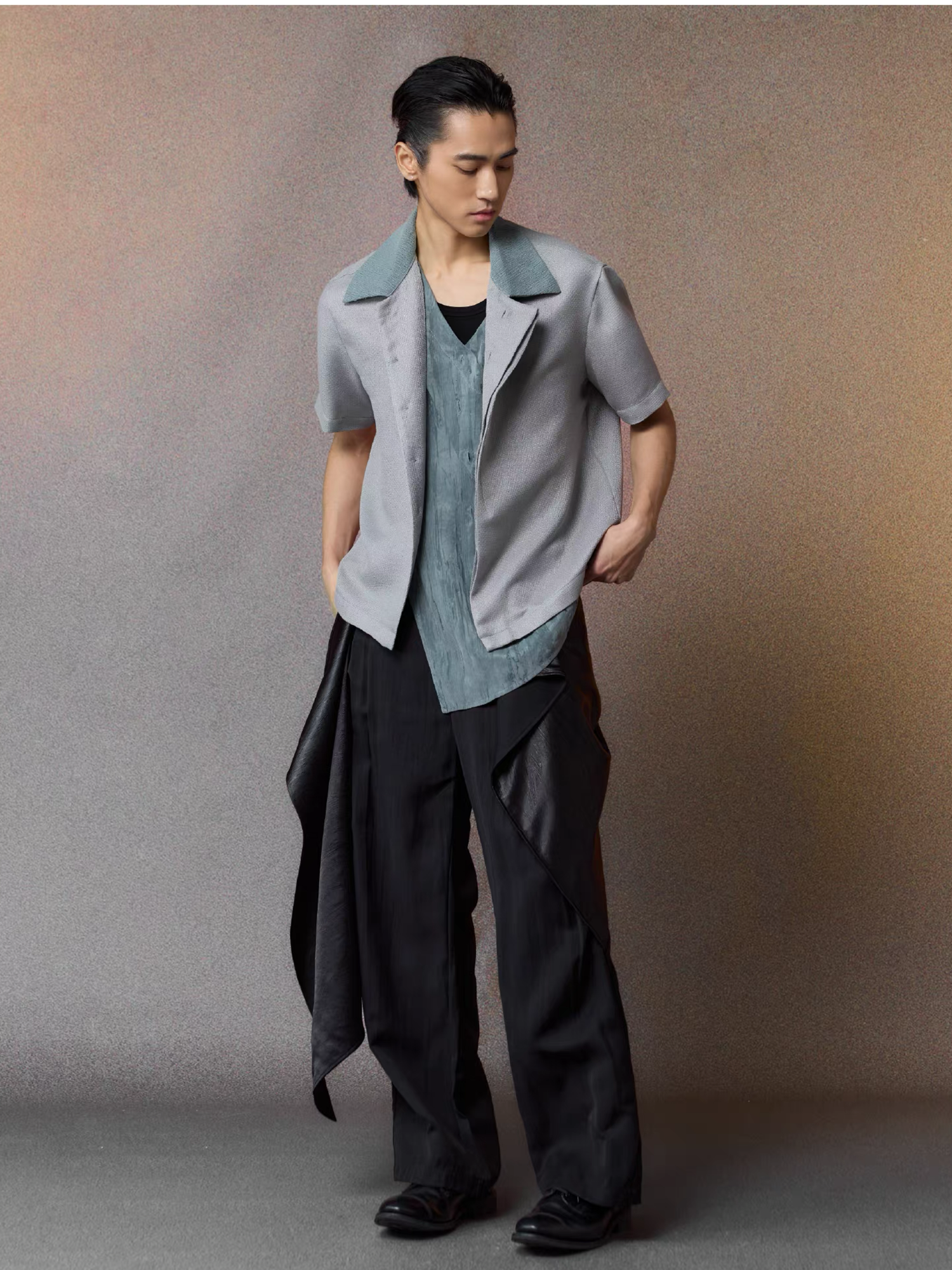 ALVNG AR ANTS Asymmetrical Contrast Spliced Linen Half Shirt, premium urban and streetwear designers apparel on PROJECTISR.com, ALVNG AR ANTS