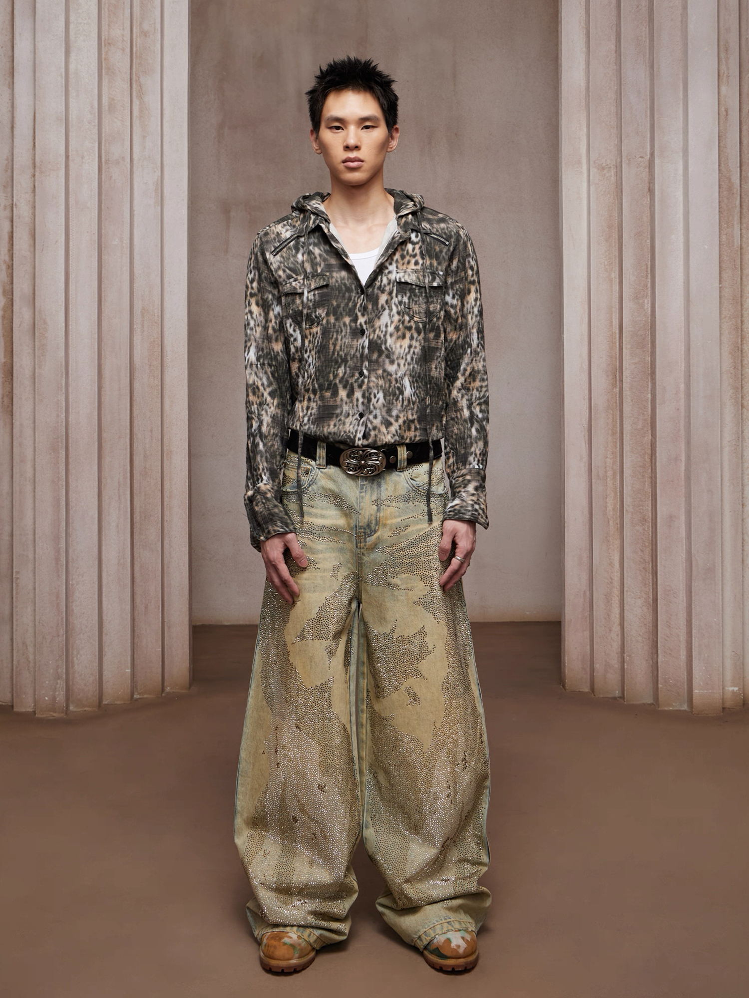 DND4DES Dirty-Washed Diamond Wide-Leg Jeans Yellow