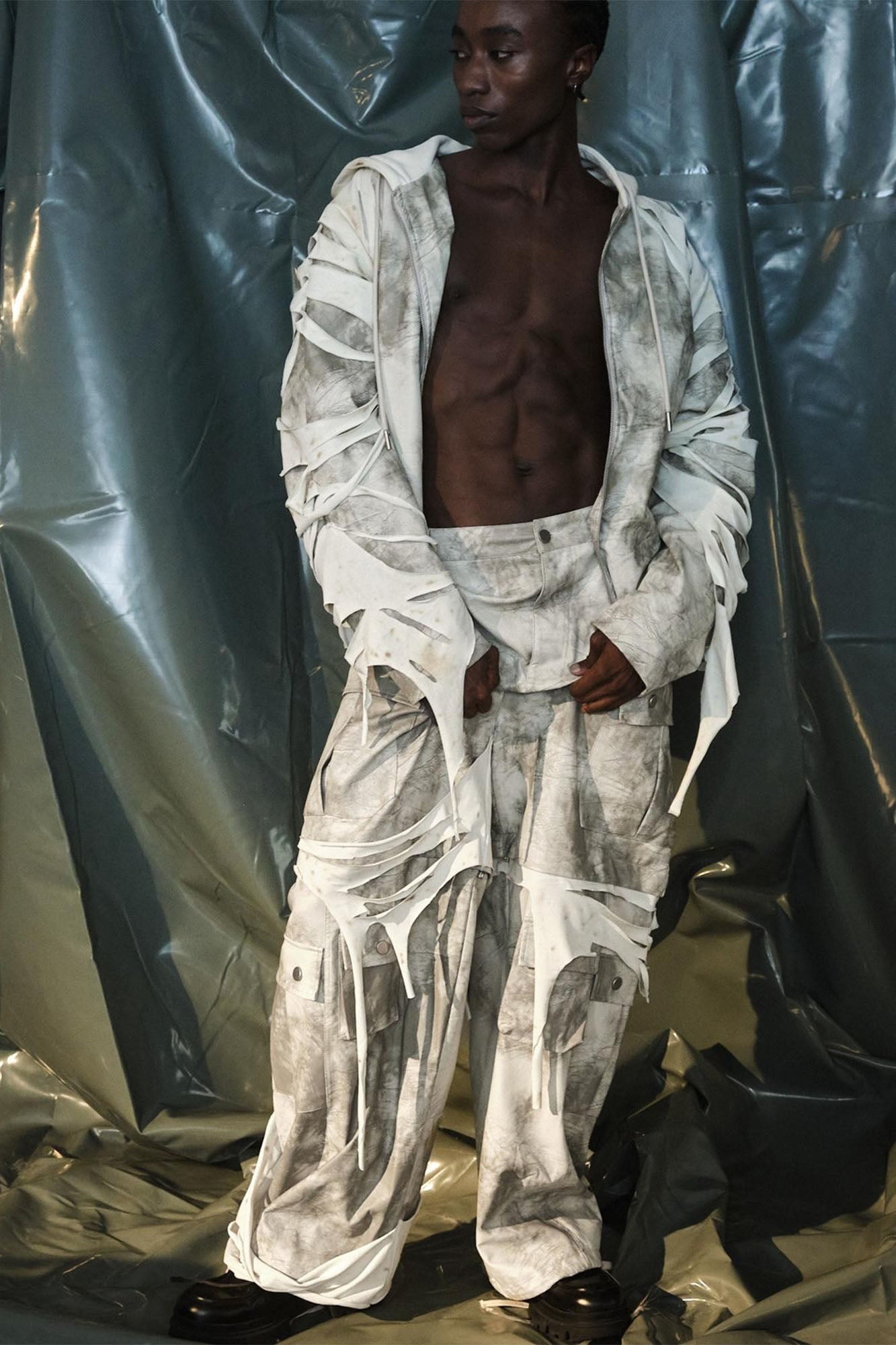RECOVER ZONE Distressed Slashed PU Layered Hooded Jacket