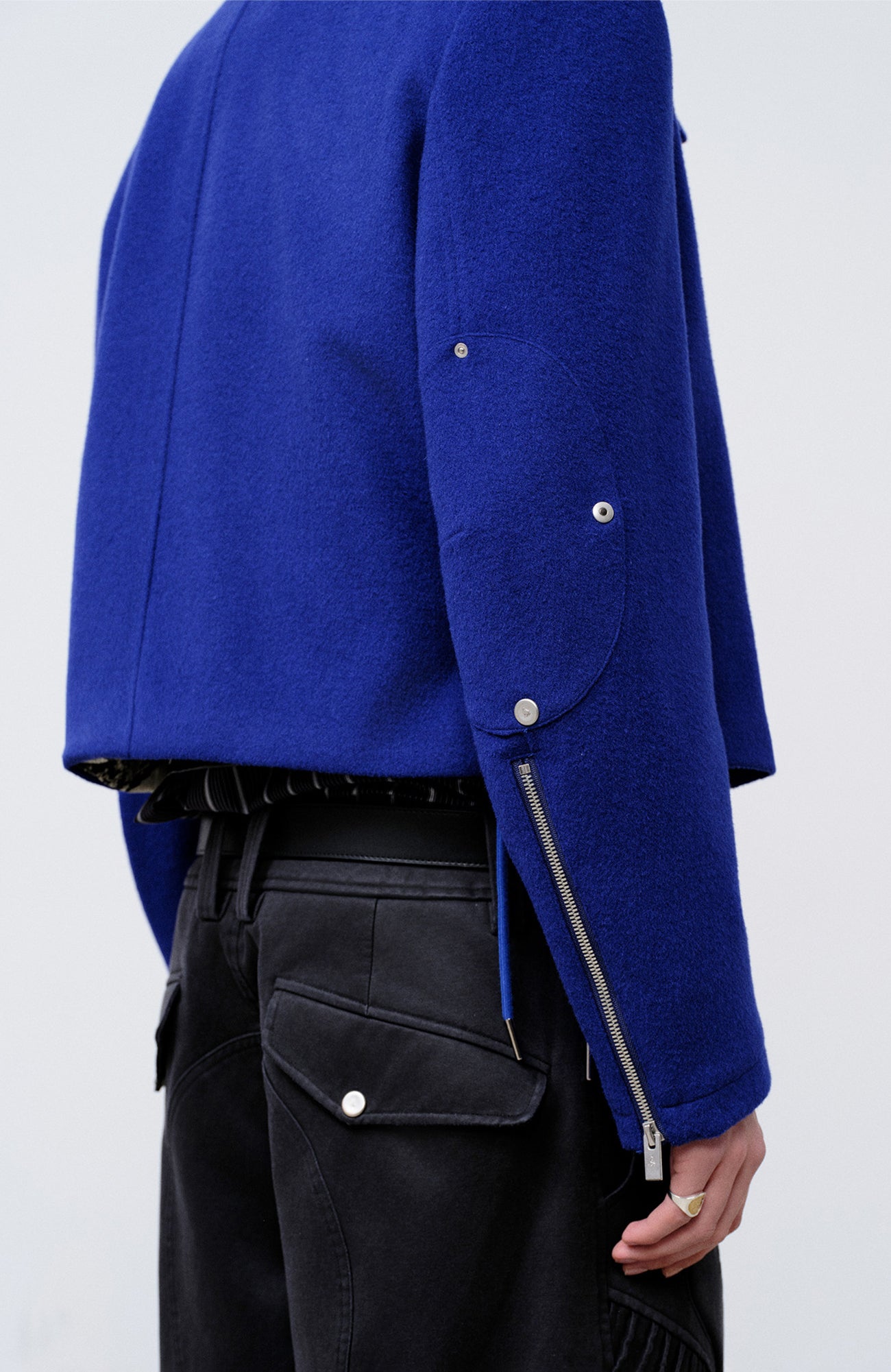 FACEONLAB Arm-Patched Cropped Naval Jacket Blue, premium urban and streetwear designers apparel on PROJECTISR.com, FACEONLAB