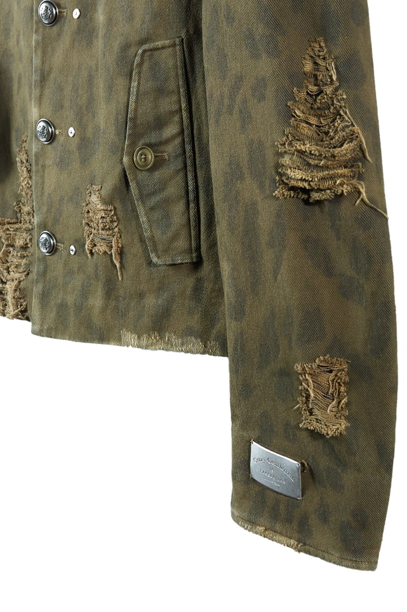 FACEONLAB Camo Leopard Ripped Stand Collar Jacket, premium urban and streetwear designers apparel on PROJECTISR.com, FACEONLAB