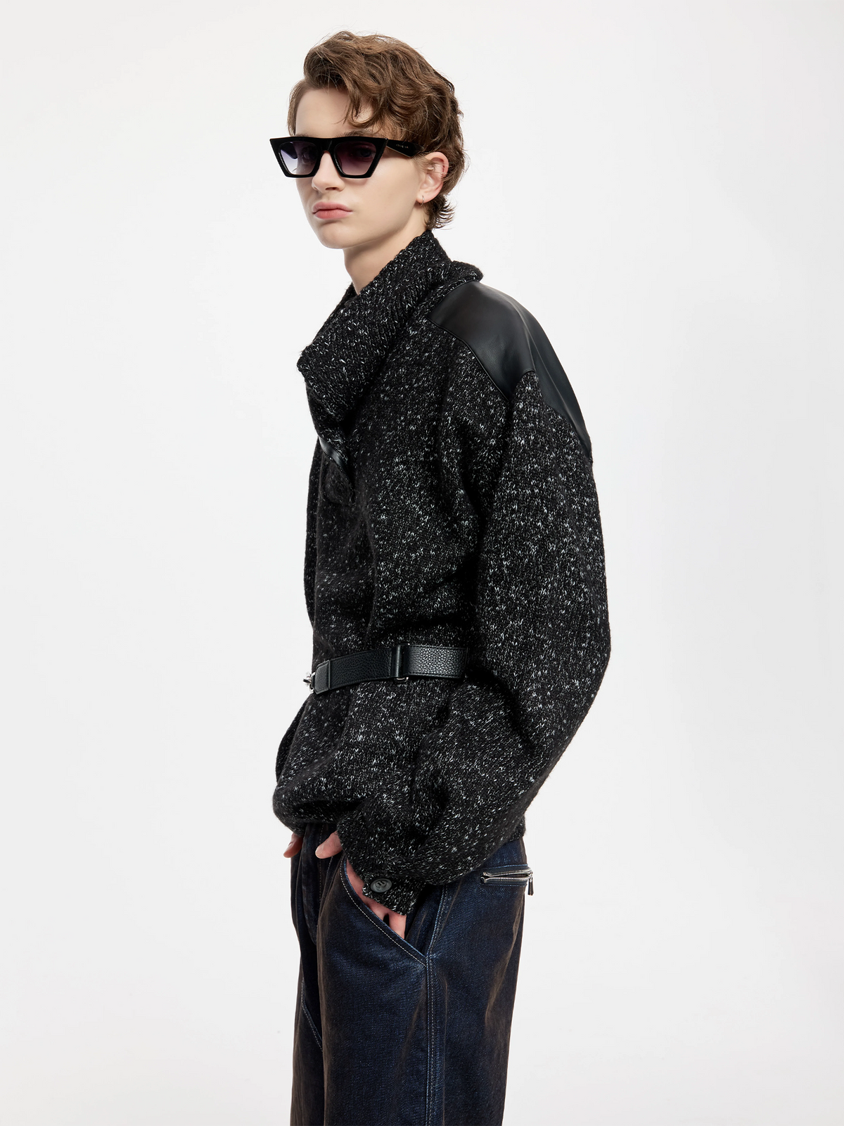 TIWILLTANG Spliced Faux Leather Dot-Yarn Fold Collar Sweater