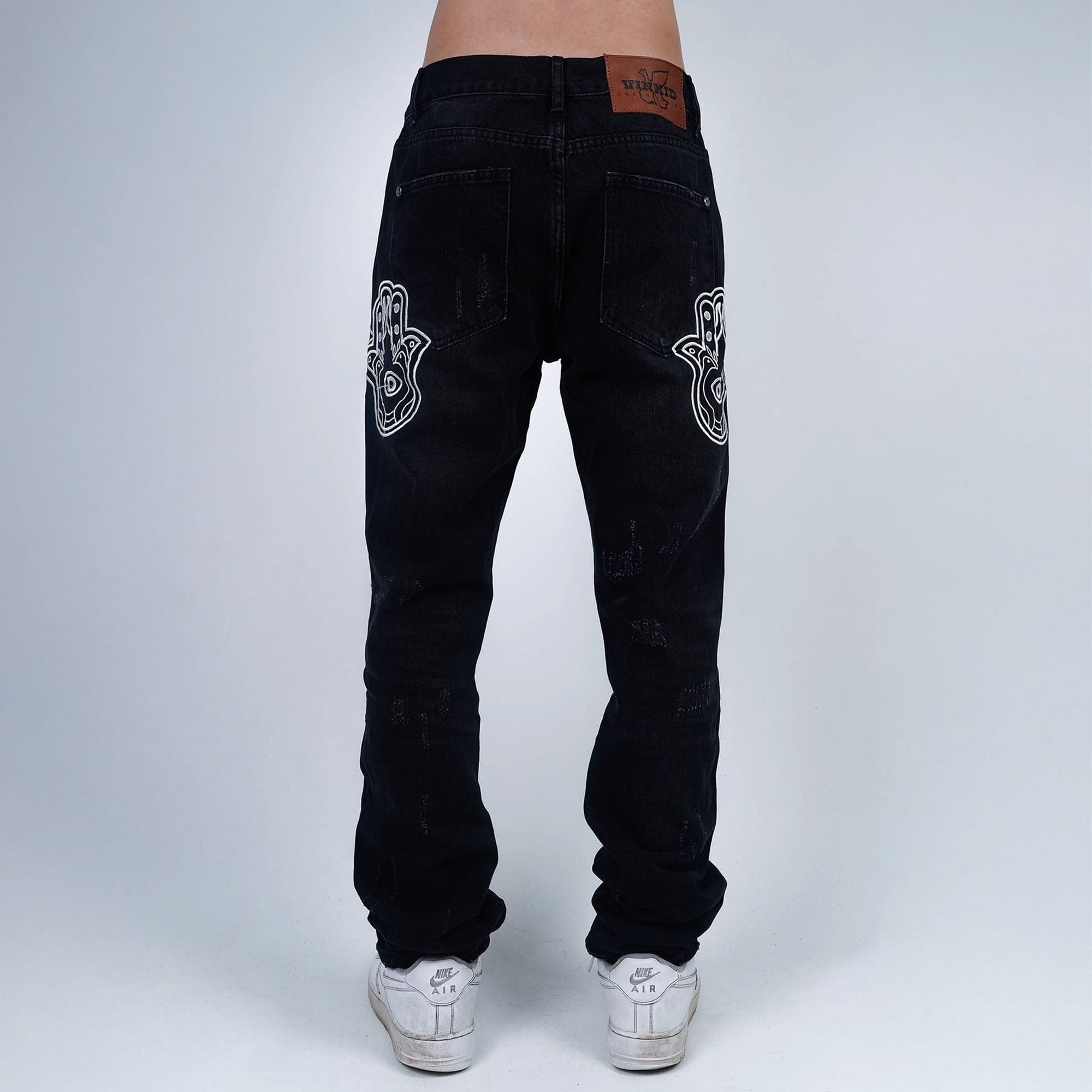 VINKID Hamsa Embroidered Double-Layer Ripped Stacked Jeans, premium urban and streetwear designers apparel on PROJECTISR.com, VINKID