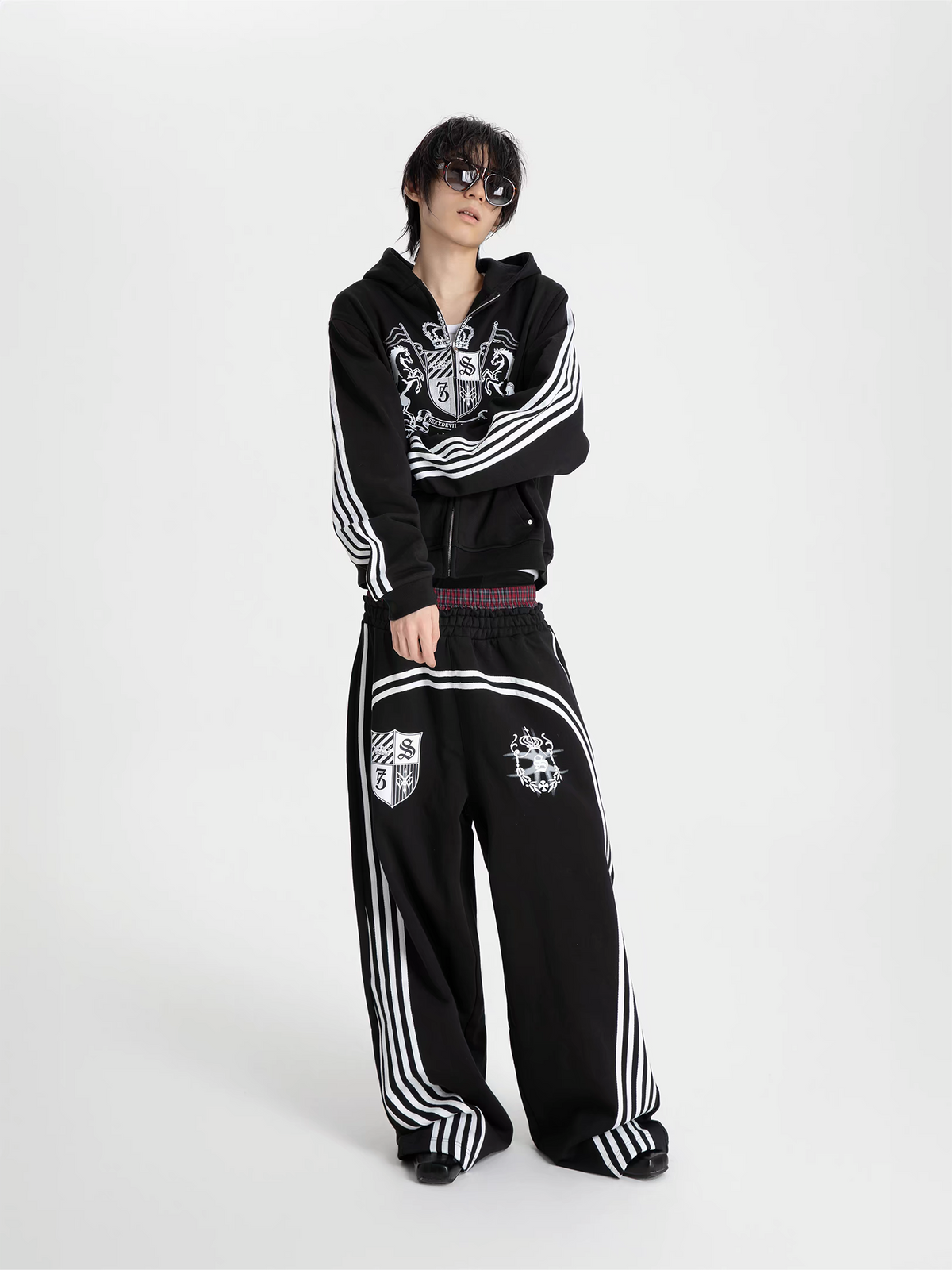 SEXXDEVIL Striped Embroidered Zip-Up Hoodie