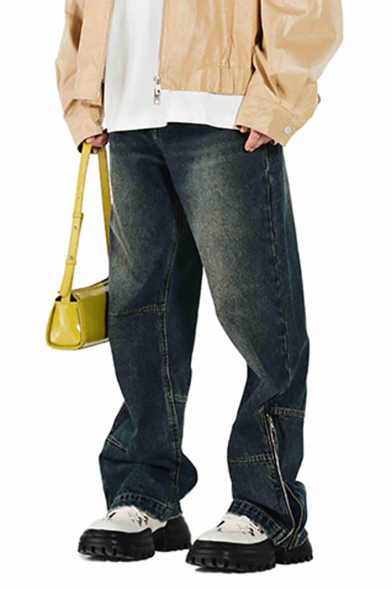 OVERLAPS Washed Knee-Seam Zippered Hem Jeans, premium urban and streetwear designers apparel on PROJECTISR.com, OVERLAPS