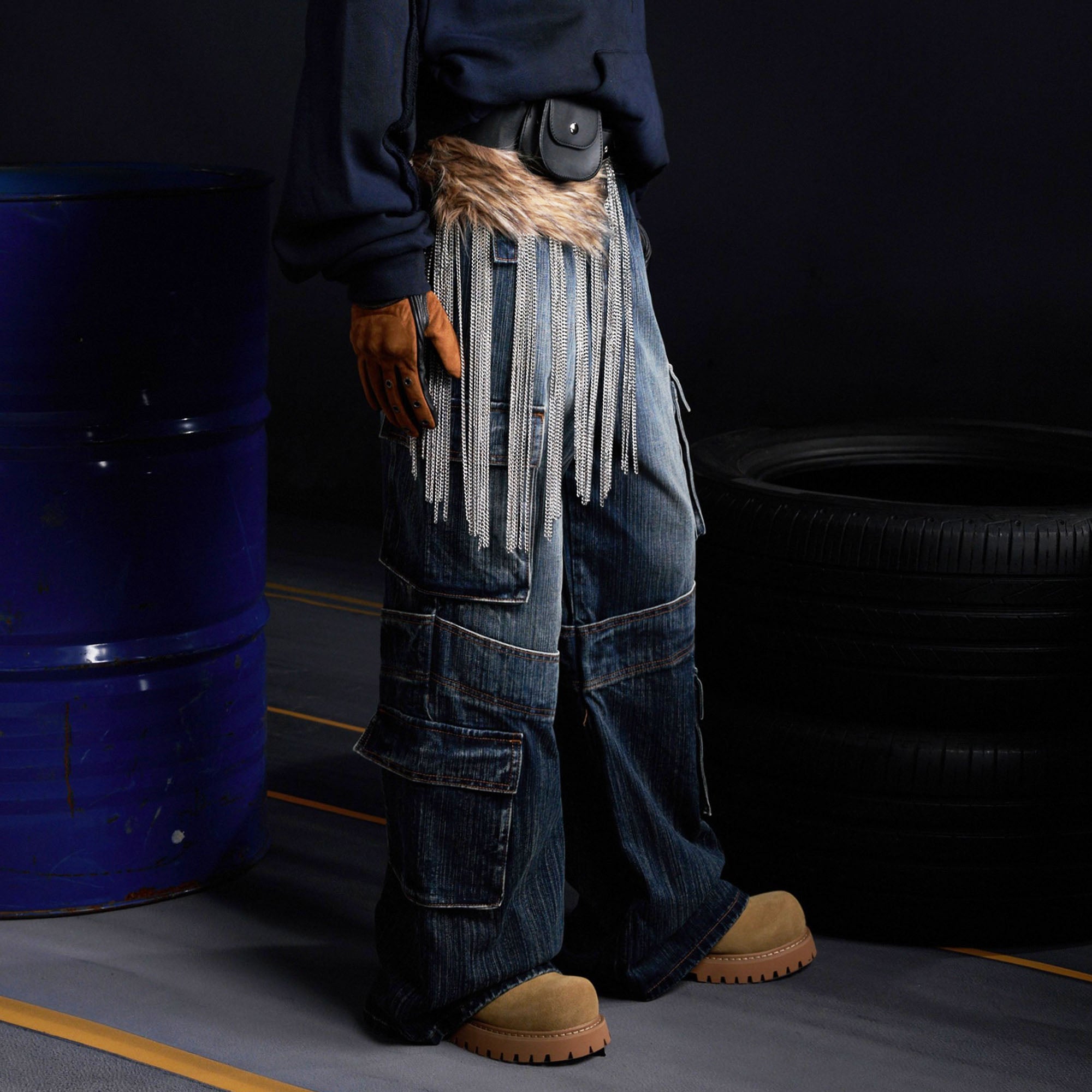 RECOVER ZONE Multi-Pocket Wide-Leg Utility Jeans, premium urban and streetwear designers apparel on PROJECTISR.com, RECOVER ZONE
