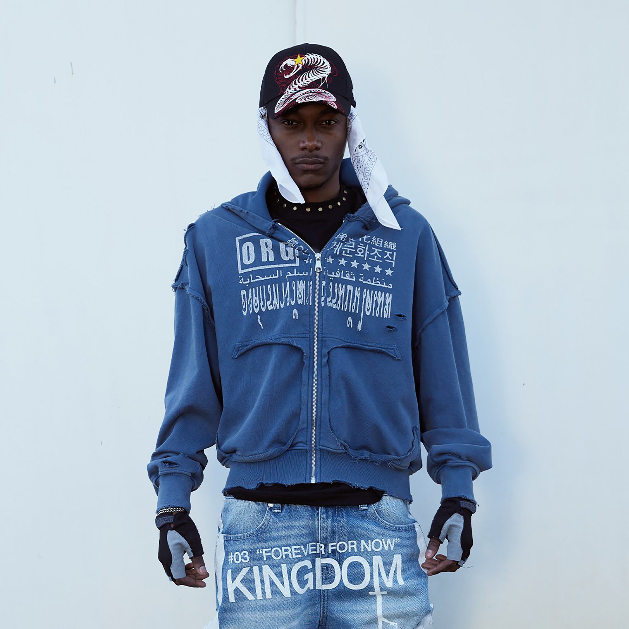 VINKID Distressed Graphic Zip-Up Hoodie