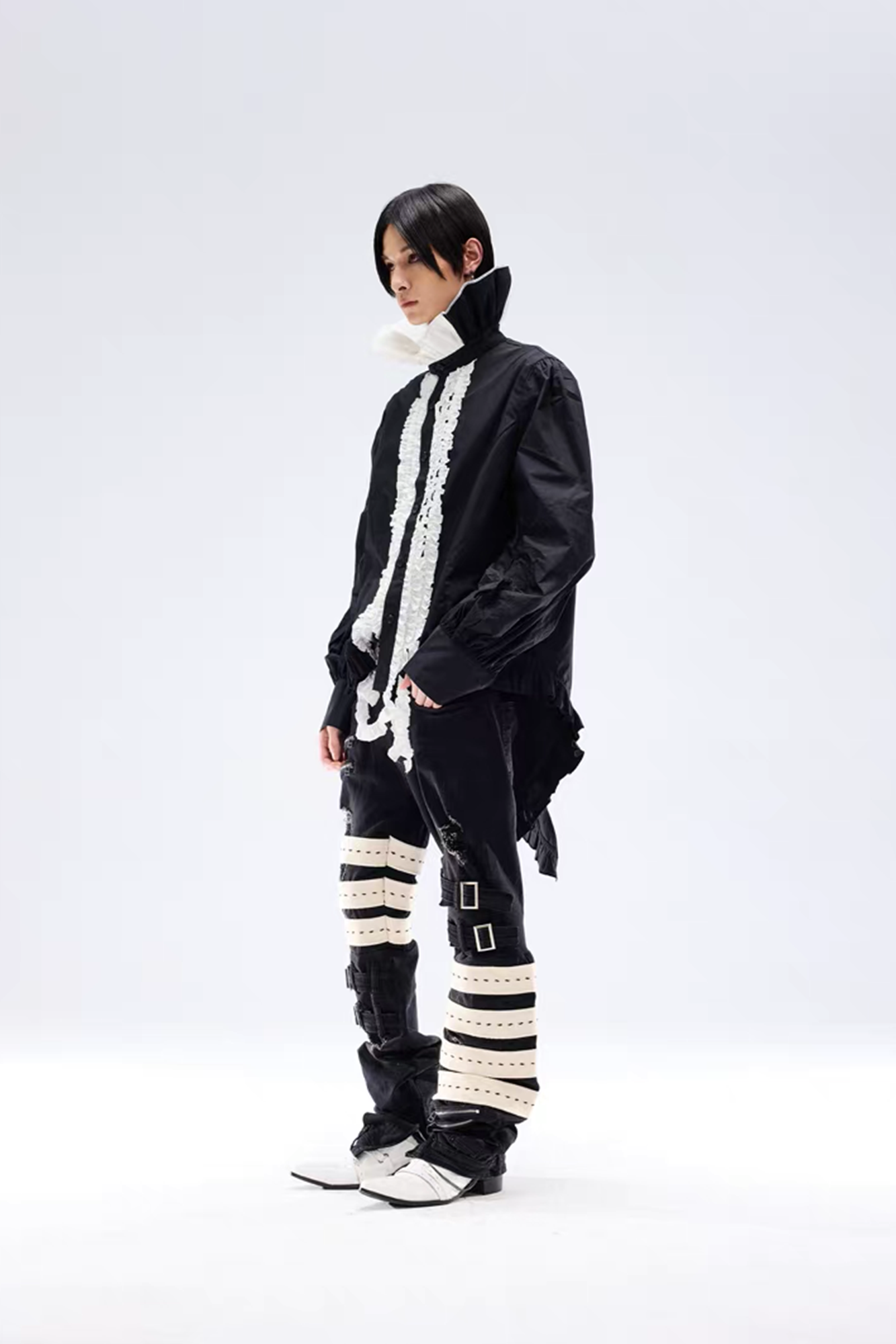 NOTHINGNESS WORLD Ruffle Bib Handkerchief-Hem Oversized Shirt, premium urban and streetwear designers apparel on PROJECTISR.com, NOTHINGNESS WORLD