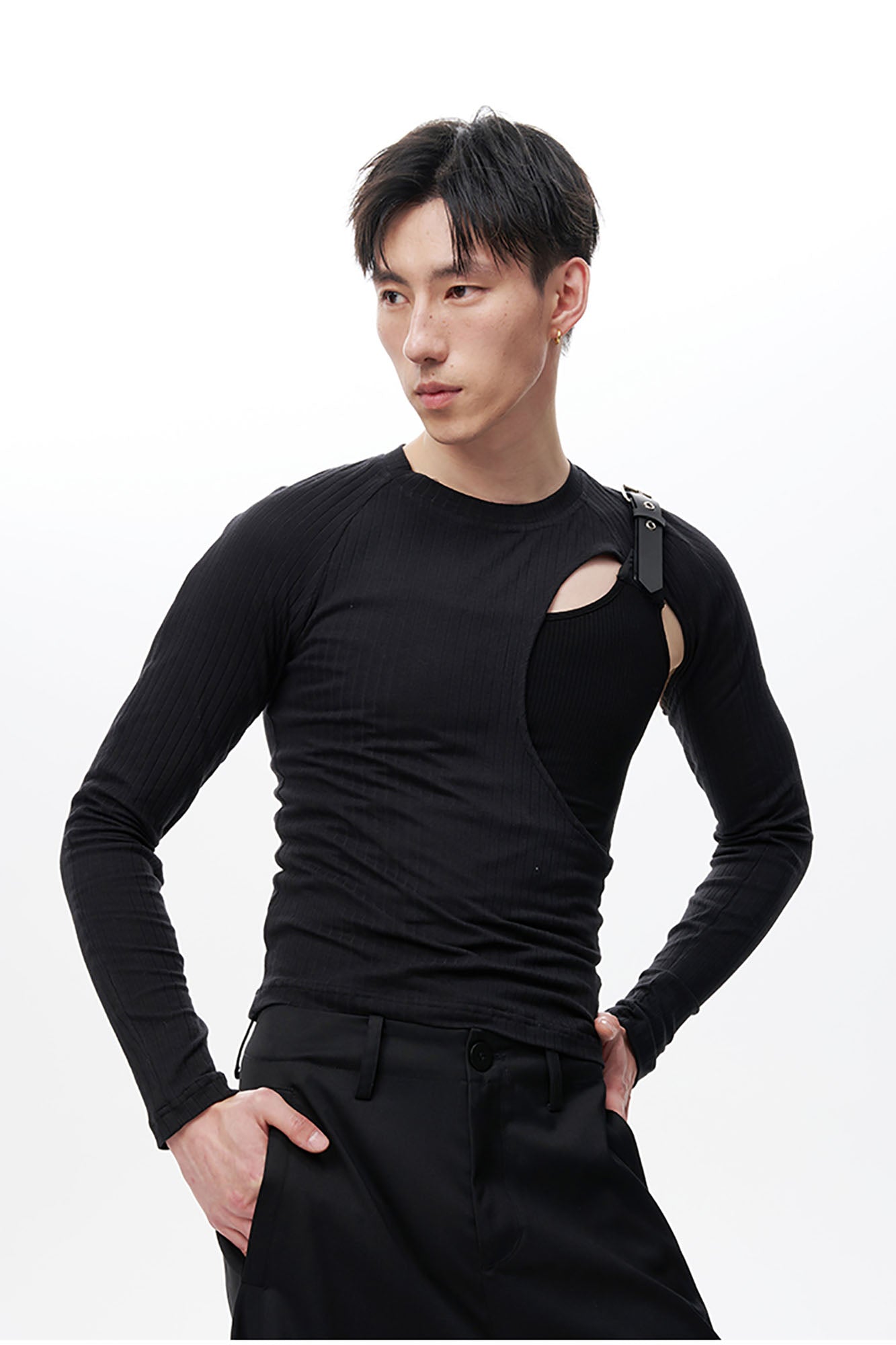 TUIMU Belted Cut-Out Ribbed Long-Sleeve Tee, premium urban and streetwear designers apparel on PROJECTISR.com, TUIMU