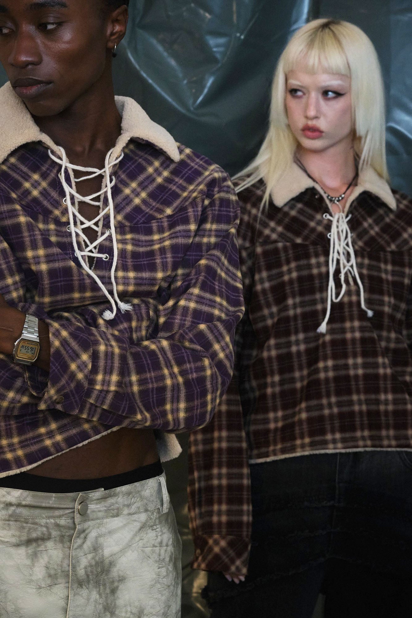 RECOVER ZONE Plaid Lace-Up Sherpa Sweatshirt