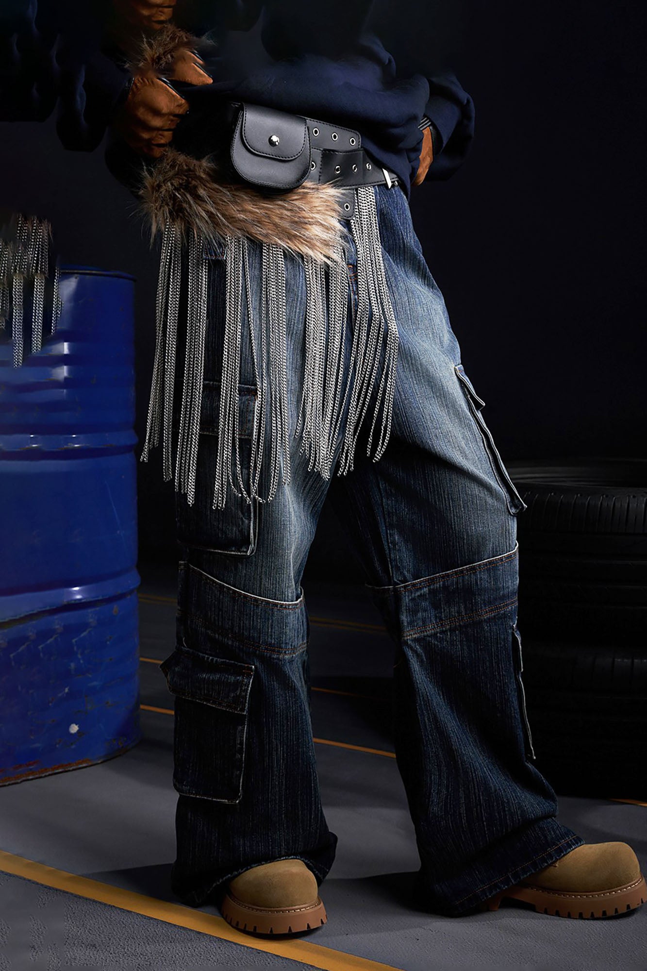 RECOVER ZONE Multi-Pocket Wide-Leg Utility Jeans, premium urban and streetwear designers apparel on PROJECTISR.com, RECOVER ZONE