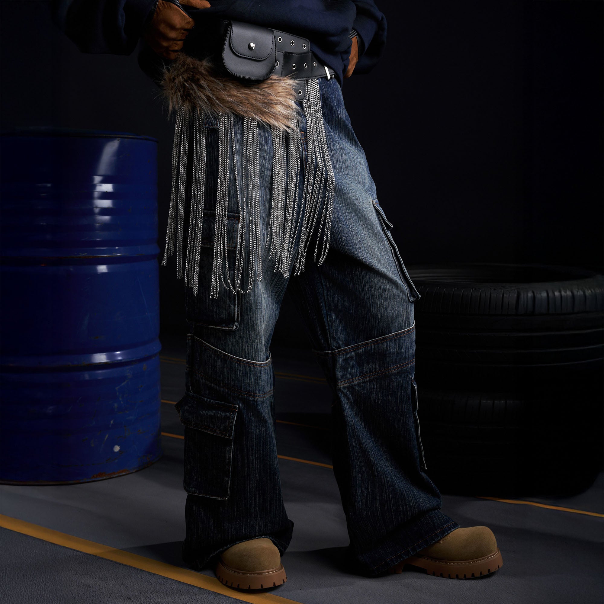 RECOVER ZONE Multi-Pocket Wide-Leg Utility Jeans, premium urban and streetwear designers apparel on PROJECTISR.com, RECOVER ZONE