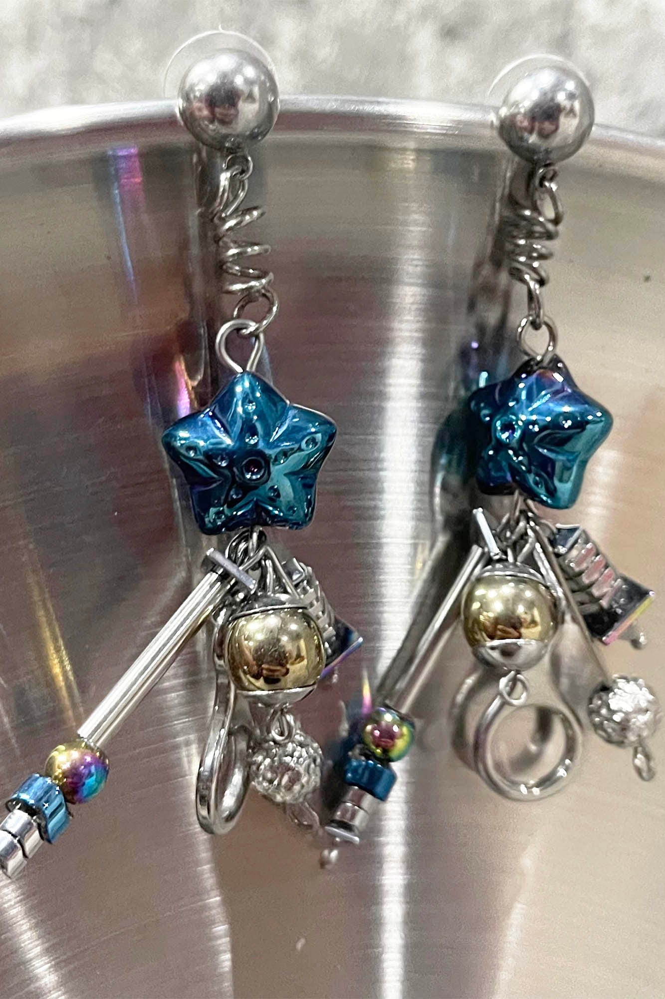 ILLUSORY Space Odyssey Industrial Drop Earrings/ Ear Clip Blue, premium urban and streetwear designers apparel on PROJECTISR.com, ILLUSORY