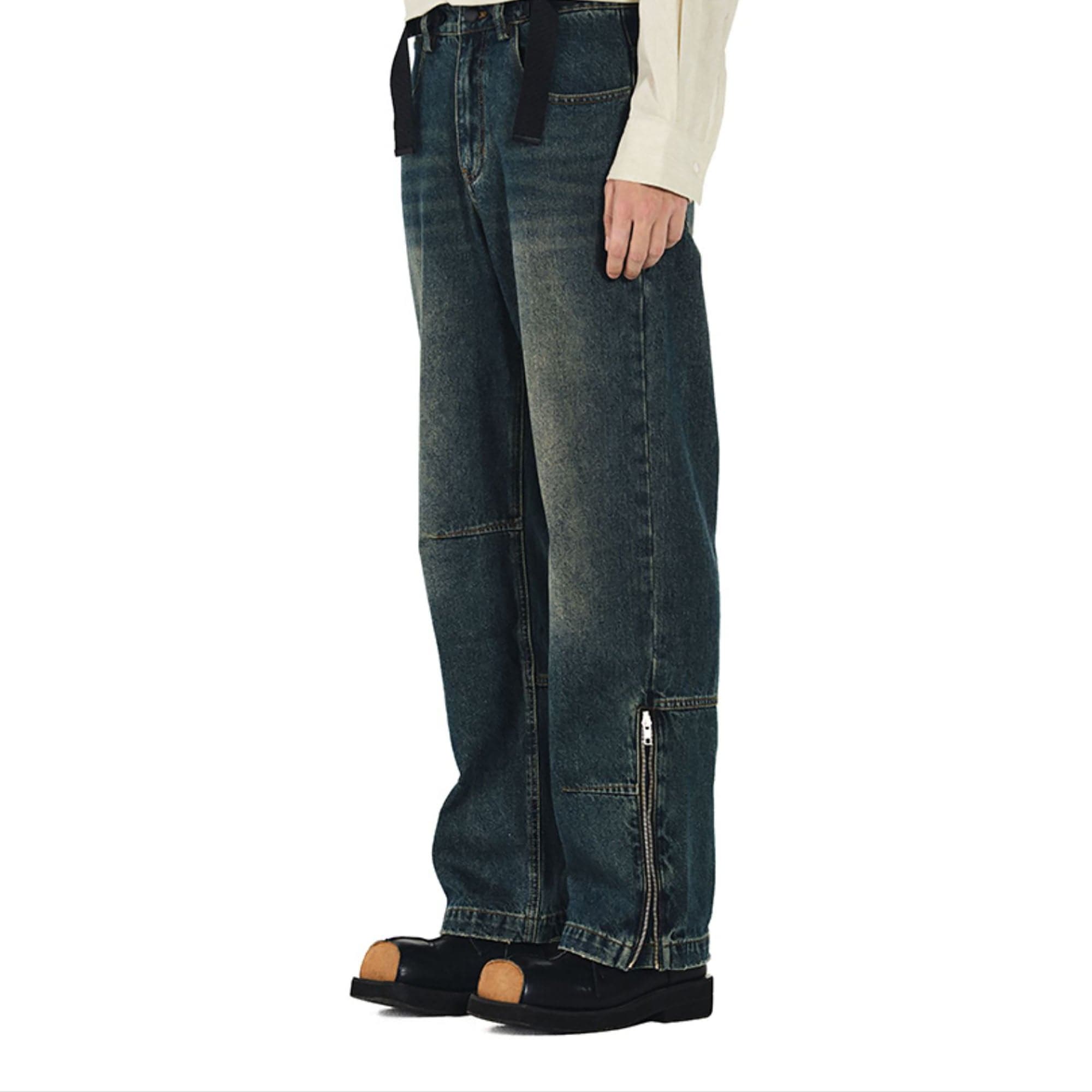 OVERLAPS Washed Knee-Seam Zippered Hem Jeans, premium urban and streetwear designers apparel on PROJECTISR.com, OVERLAPS