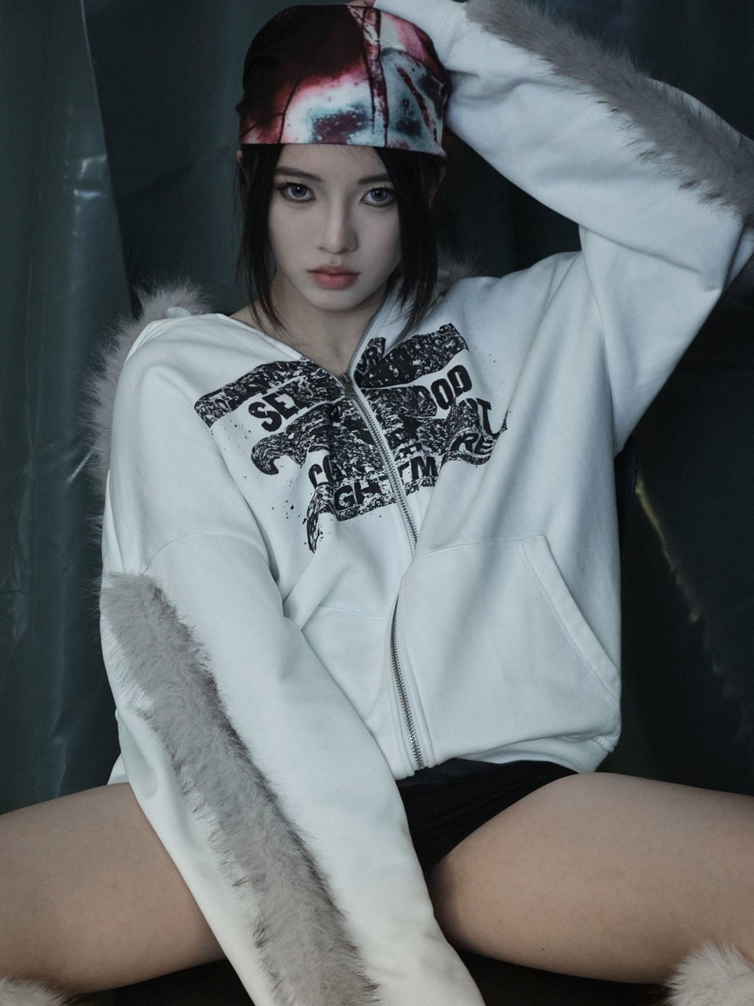 RECOVER ZONE Faux Fur Trim Graphic Zip-Up Hoodie