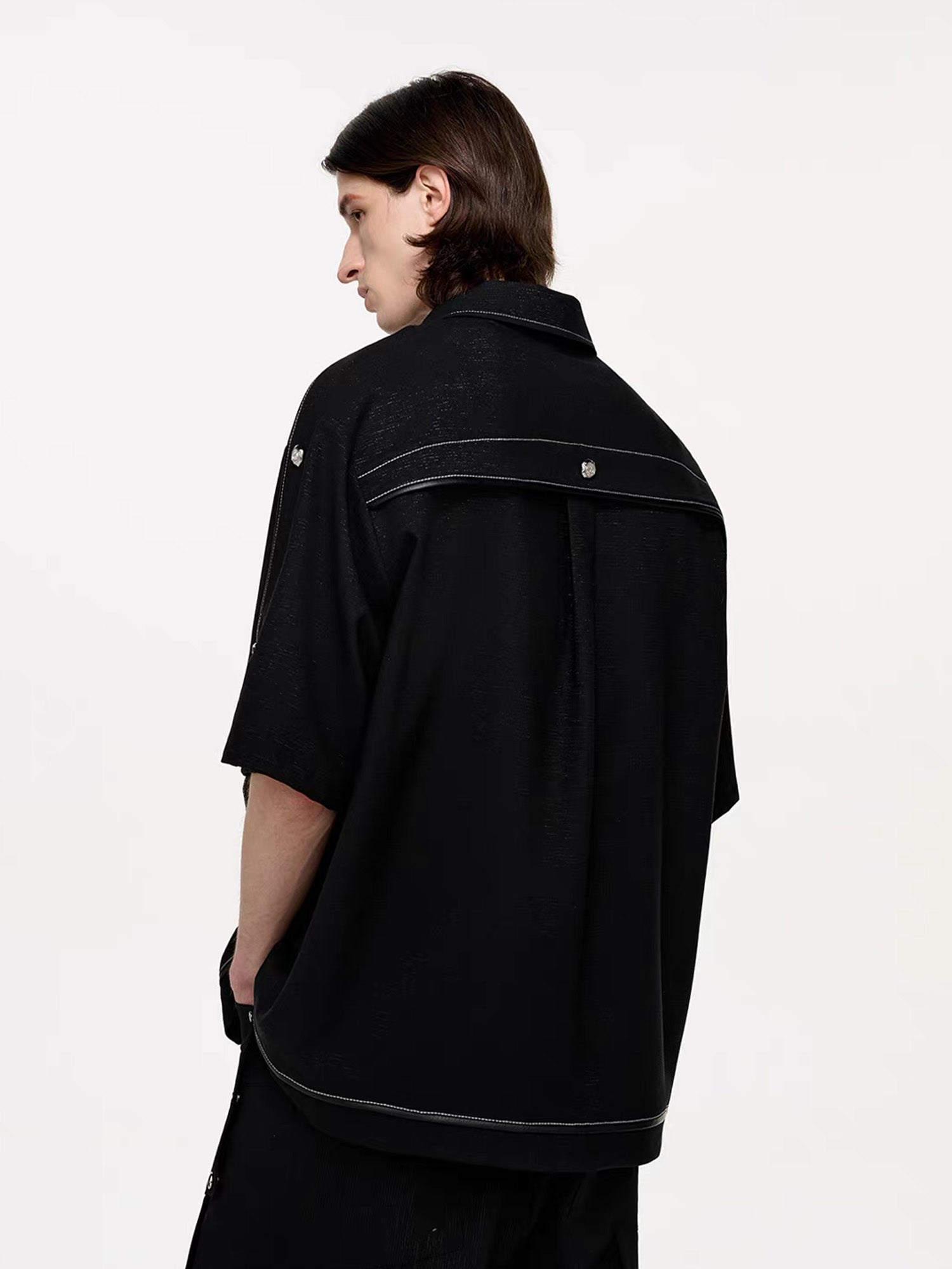 TIWILLTANG Studded Trim Zip-Up Half Shirt, premium urban and streetwear designers apparel on PROJECTISR.com, TIWILLTANG