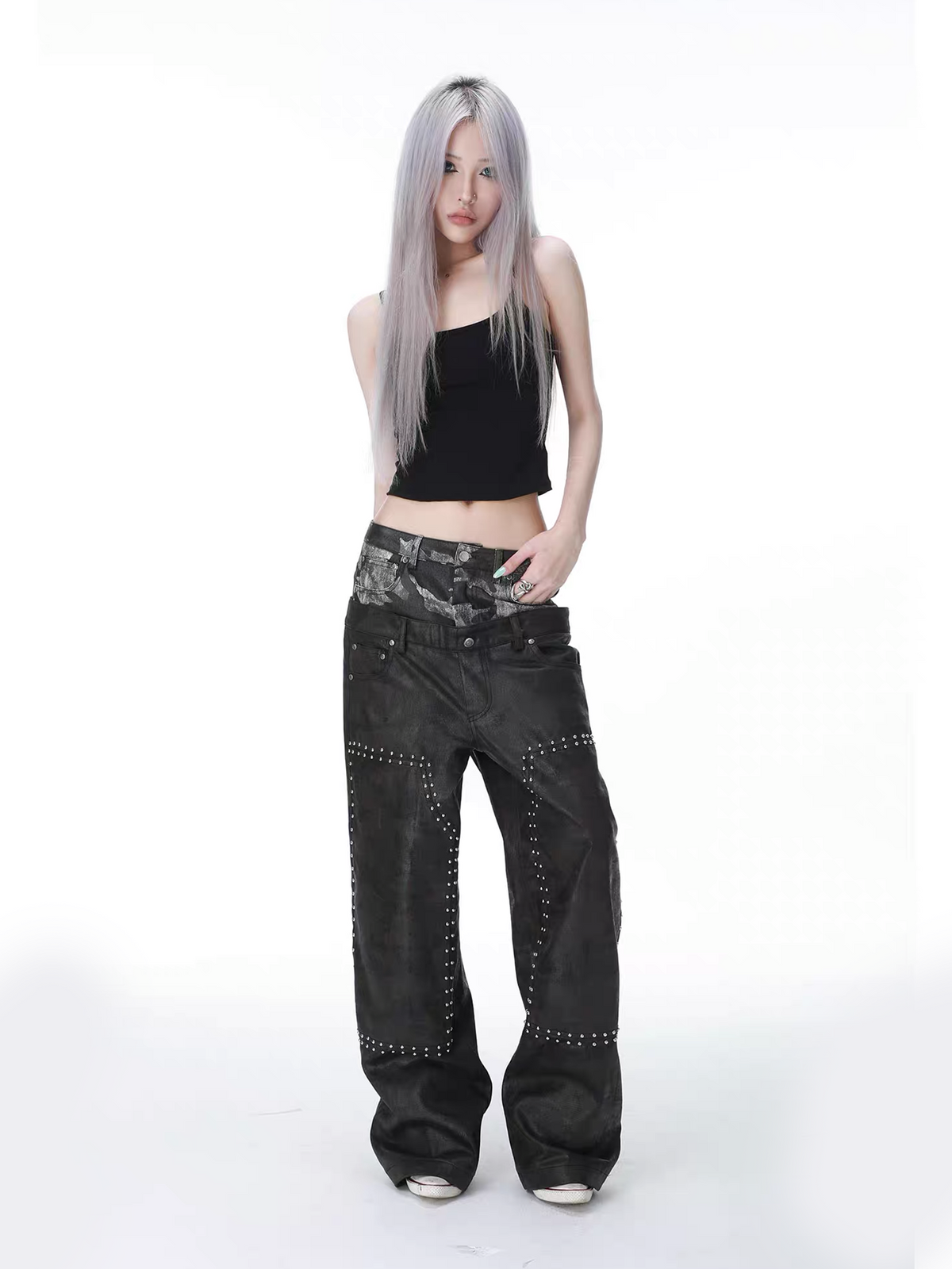 SEXXDEVIL Camo Washed Spliced Studded Jeans