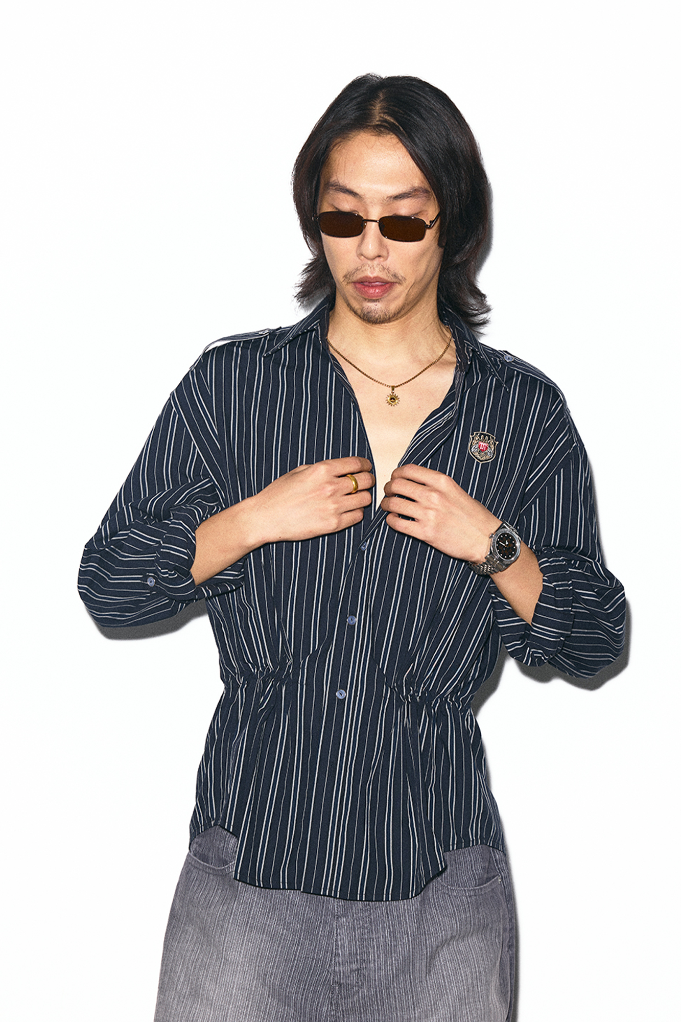 TRECLUB Striped Embroidered Drawstring-Waist Shirt