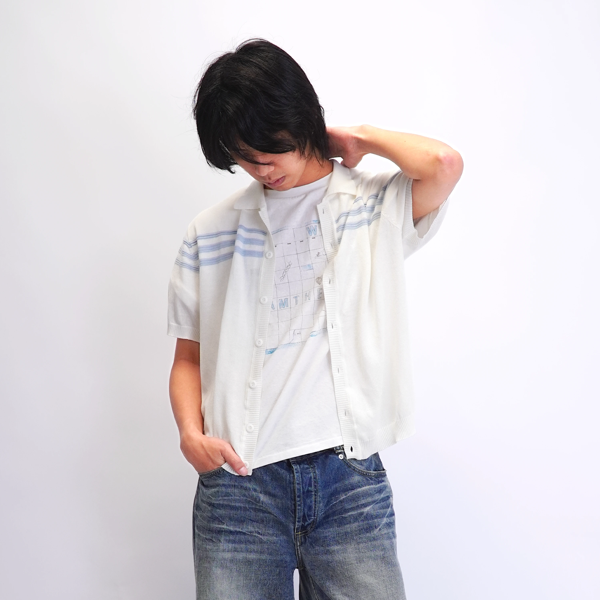 IN EXISTENCE Jacquard-Trim Wool-Blend Knit Half Shirt, premium urban and streetwear designers apparel on PROJECTISR.com, IN EXISTENCE