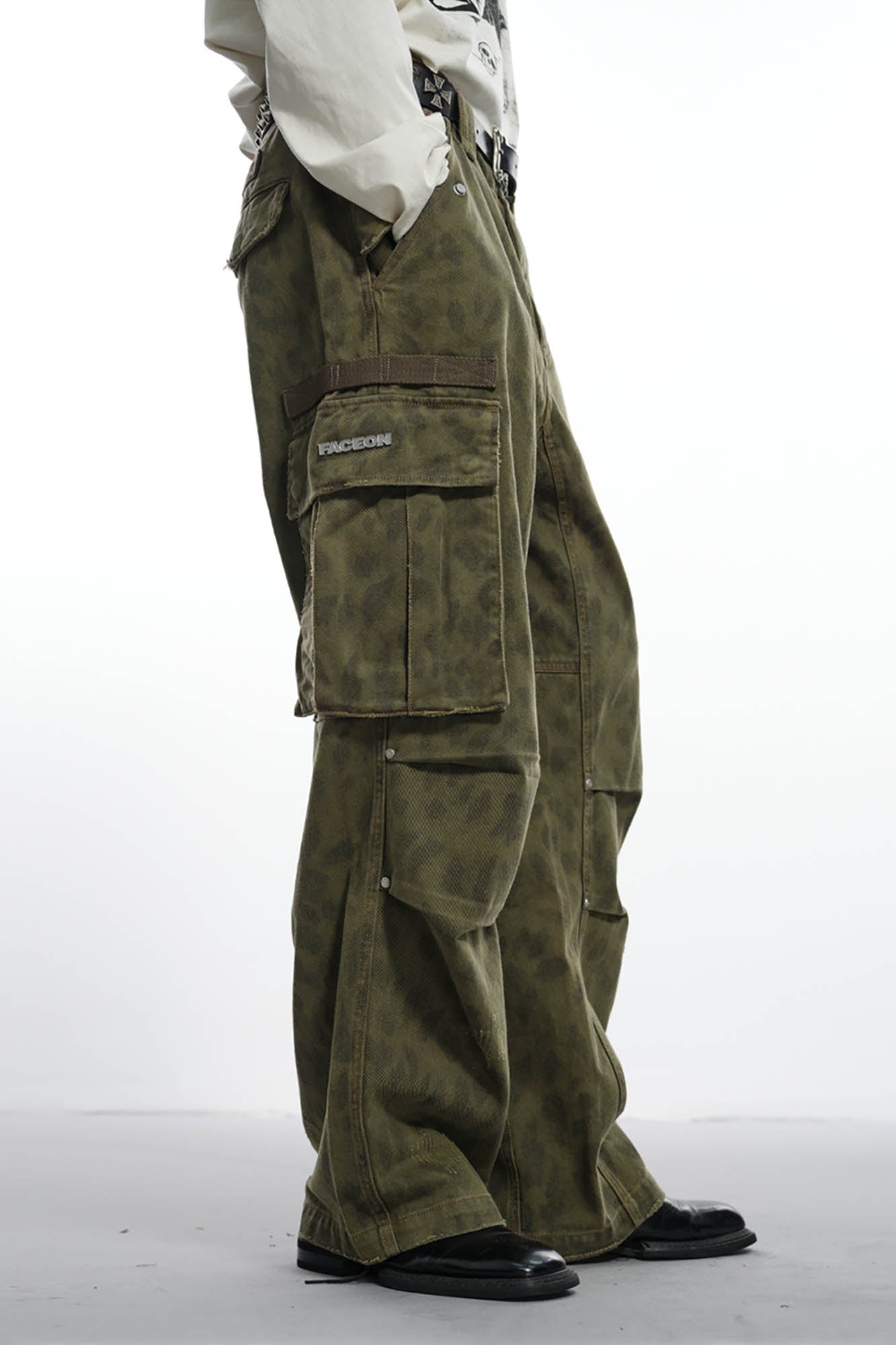 FACEONLAB Camo Leopard Pleated Straight-Leg Cargo Pants, premium urban and streetwear designers apparel on PROJECTISR.com, FACEONLAB
