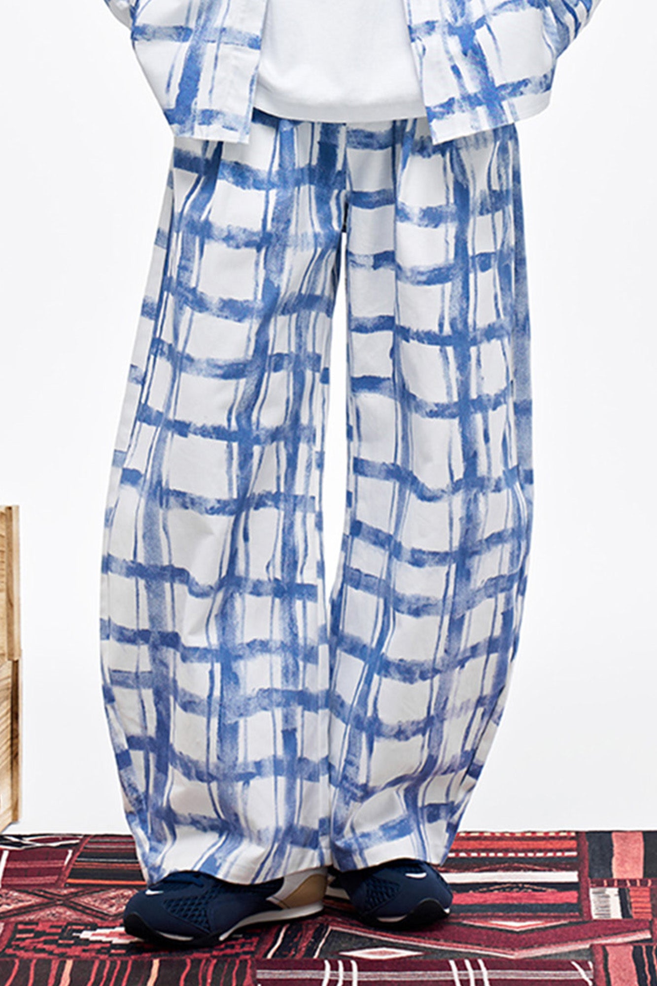 OVERLAPS Brush-Paint Grid Wide-Leg Pants, premium urban and streetwear designers apparel on PROJECTISR.com, OVERLAPS