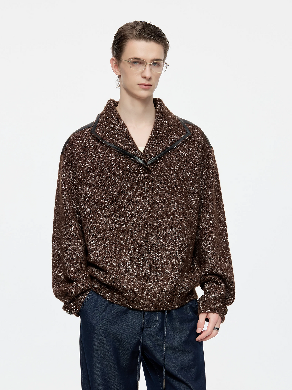 TIWILLTANG Spliced Faux Leather Dot-Yarn Fold Collar Sweater
