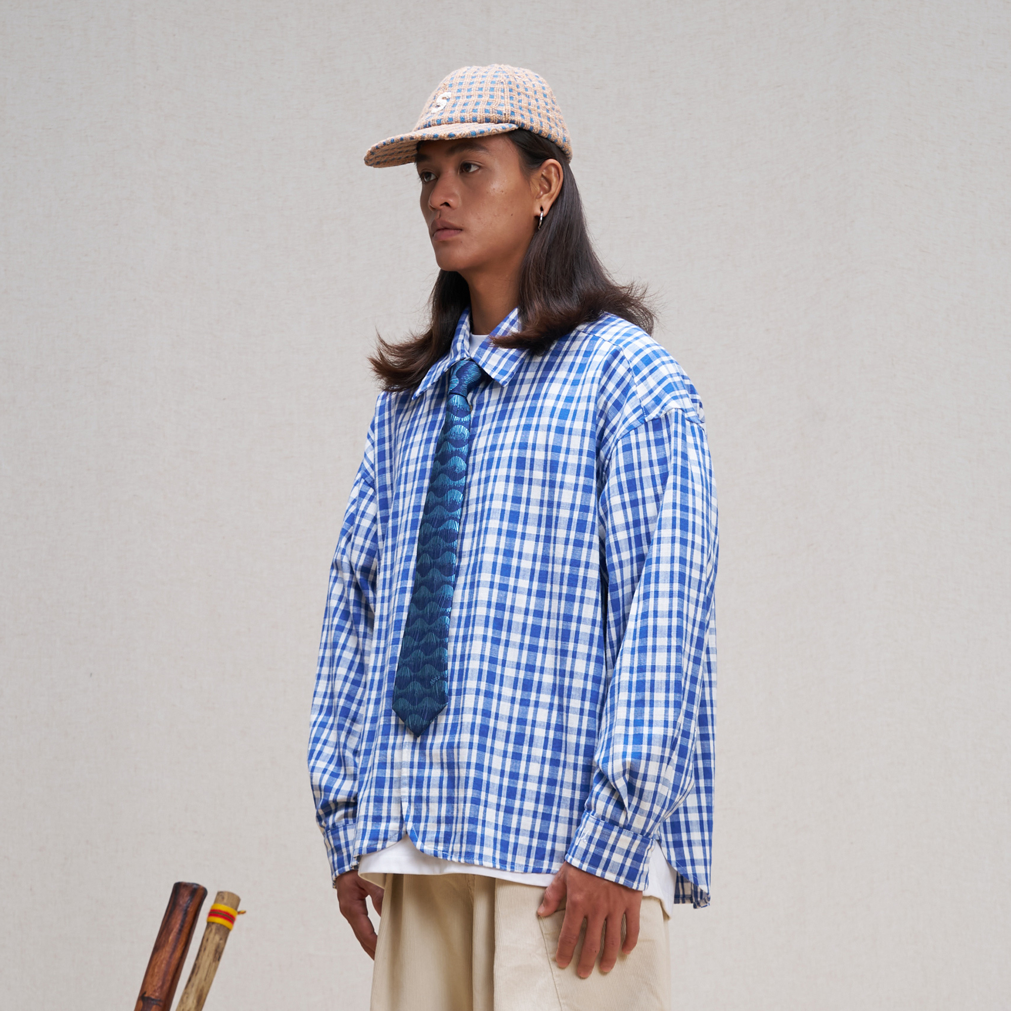 UNLIMITED MOTE Plaid Linen-Blend Half-Open Collar Shirt Blue, premium urban and streetwear designers apparel on PROJECTISR.com, UNLIMITED MOTE