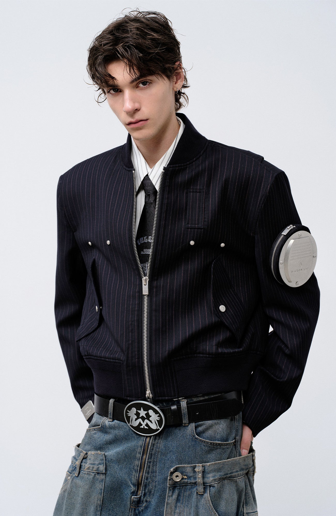 FACEONLAB Arm-Patched Bomber Jacket Navy, premium urban and streetwear designers apparel on PROJECTISR.com, FACEONLAB