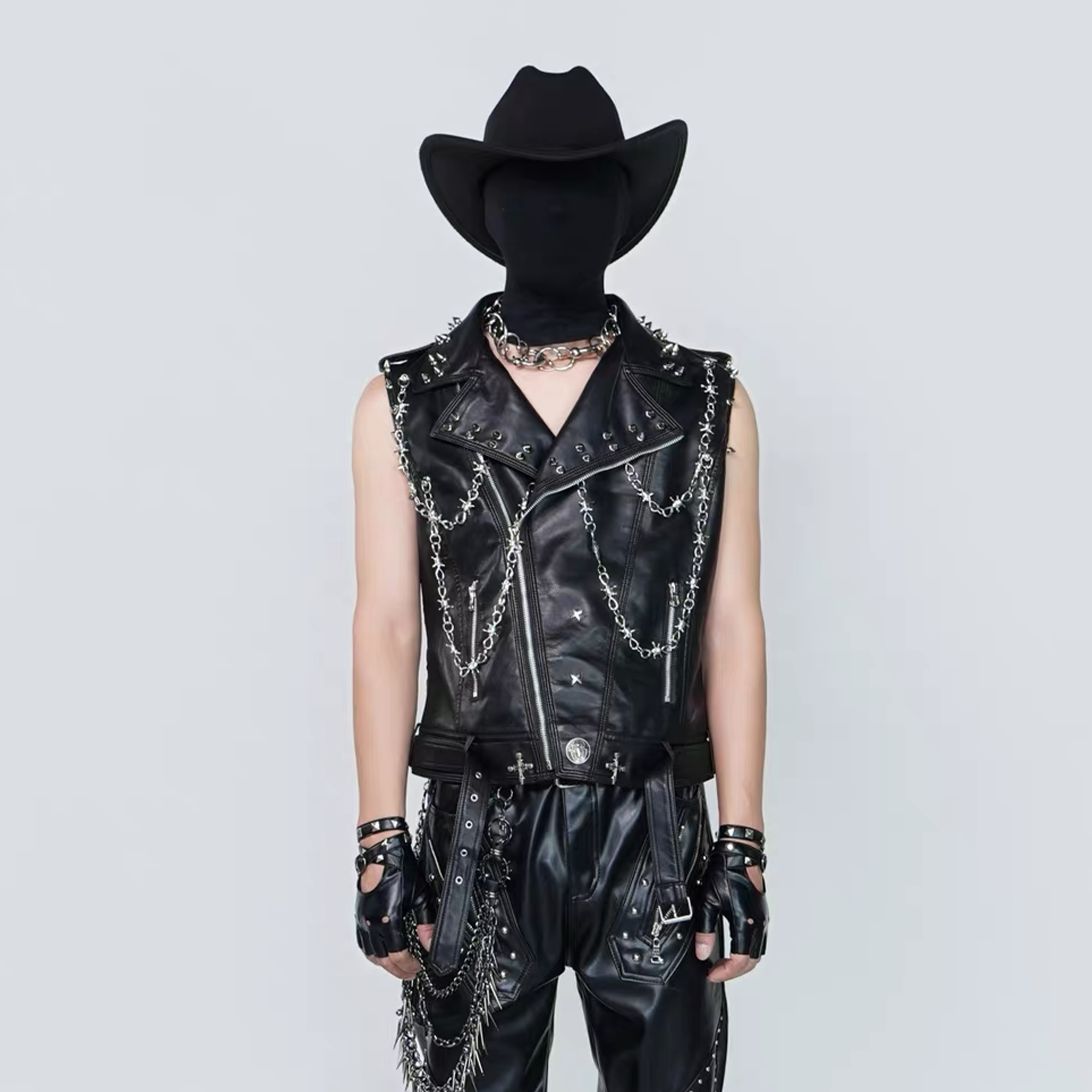 VE2 Thorn Chain Studded Faux Leather Biker Vest