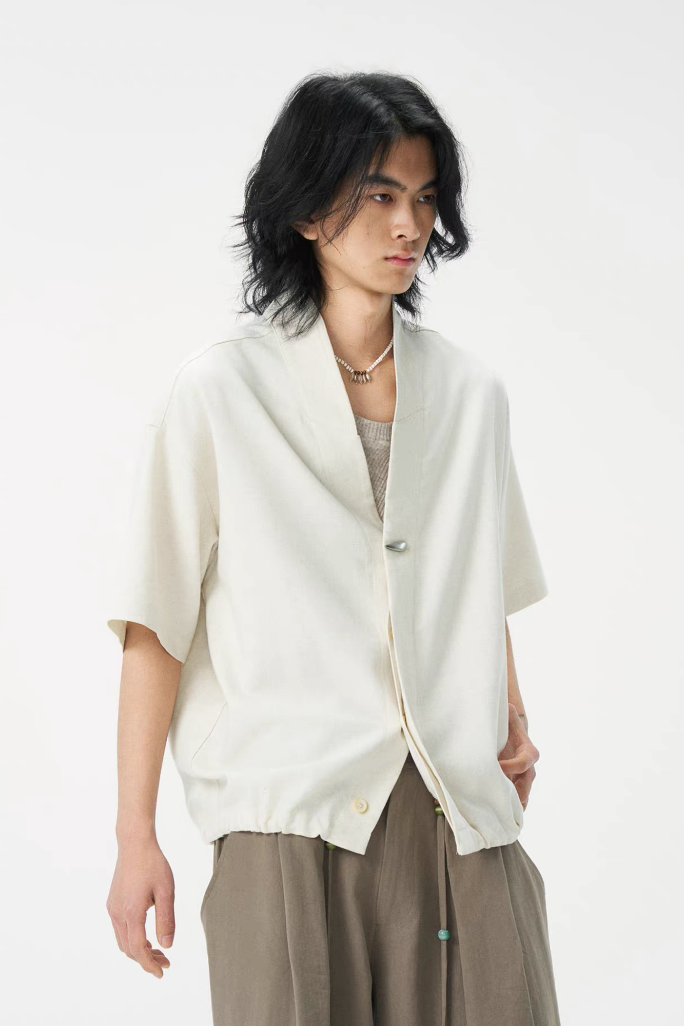 GONGHE REPUB Tencel-Linen Open-Collar Shirt, premium urban and streetwear designers apparel on PROJECTISR.com, GONGHE REPUB
